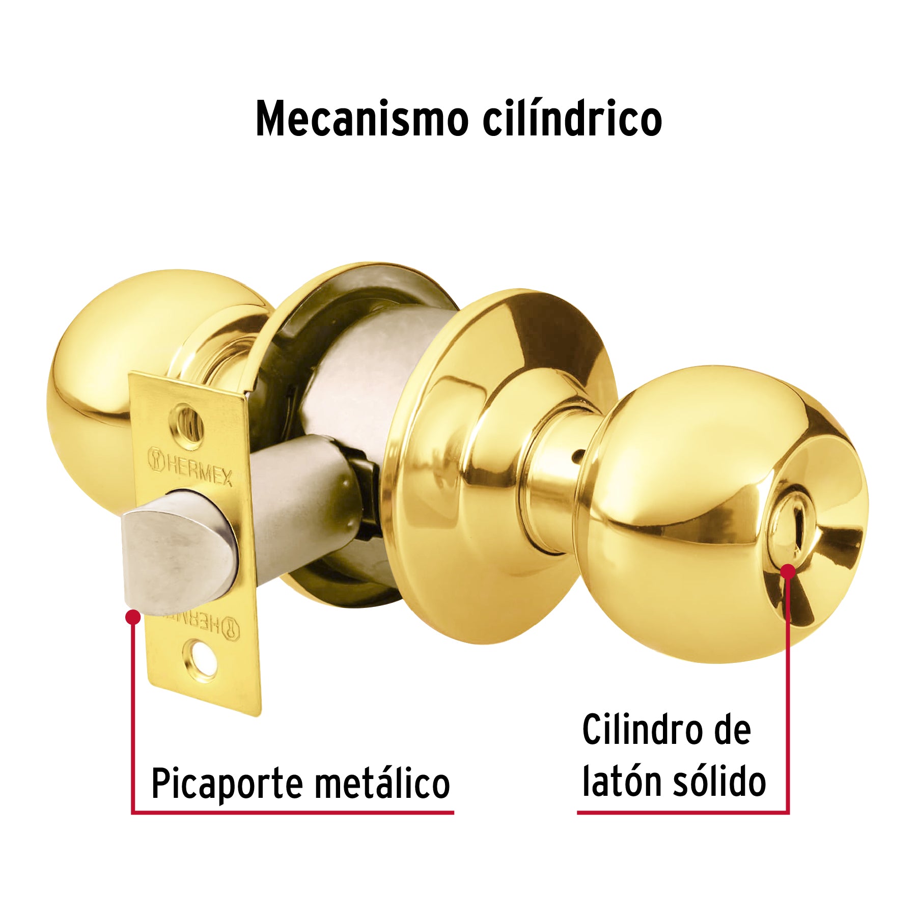 Cerradura tipo esfera para baño, latón brillante, HERMEX