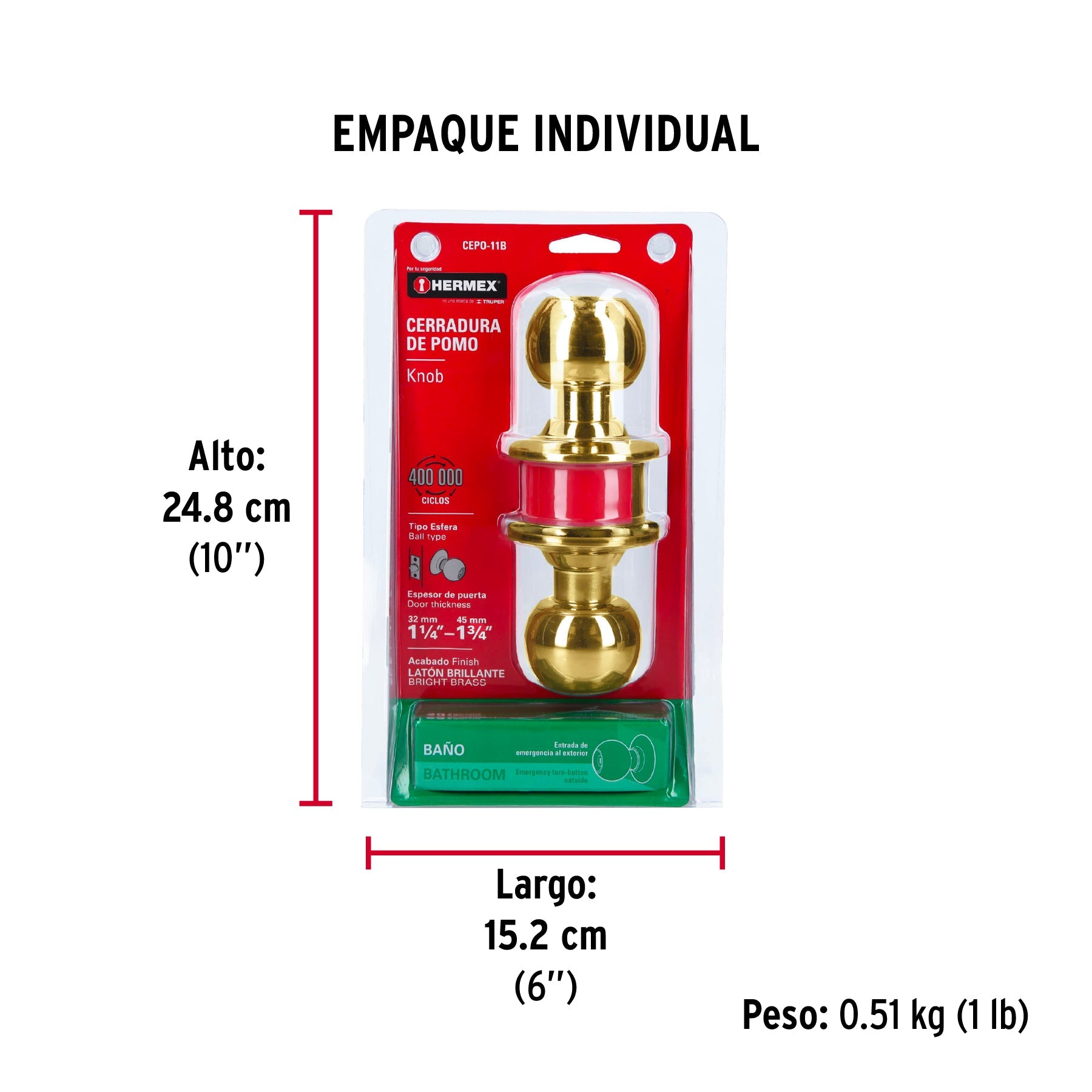 Cerradura tipo esfera para baño, latón brillante, HERMEX - Empaque