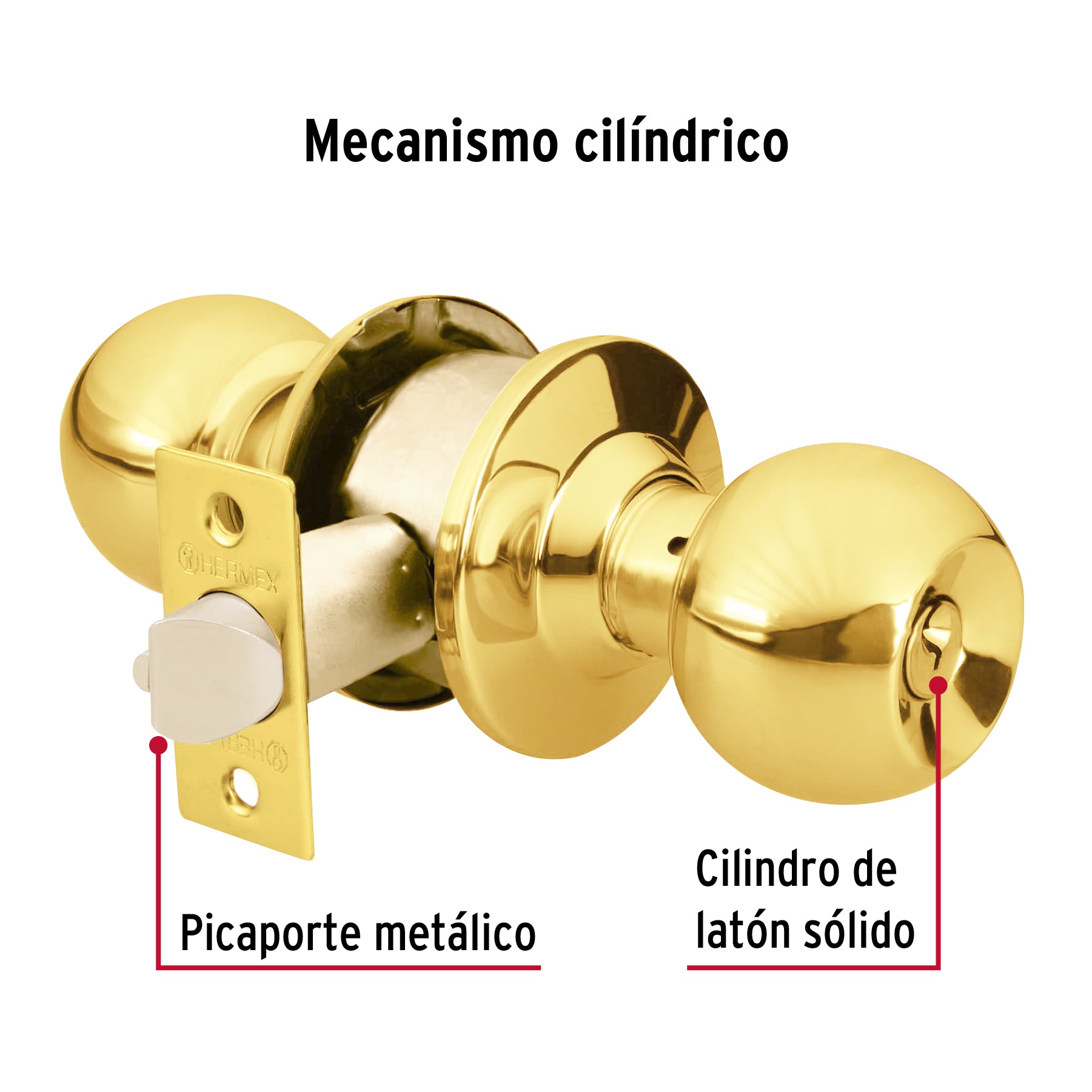 Cerradura tipo esfera para entrada, latón brillante, HERMEX