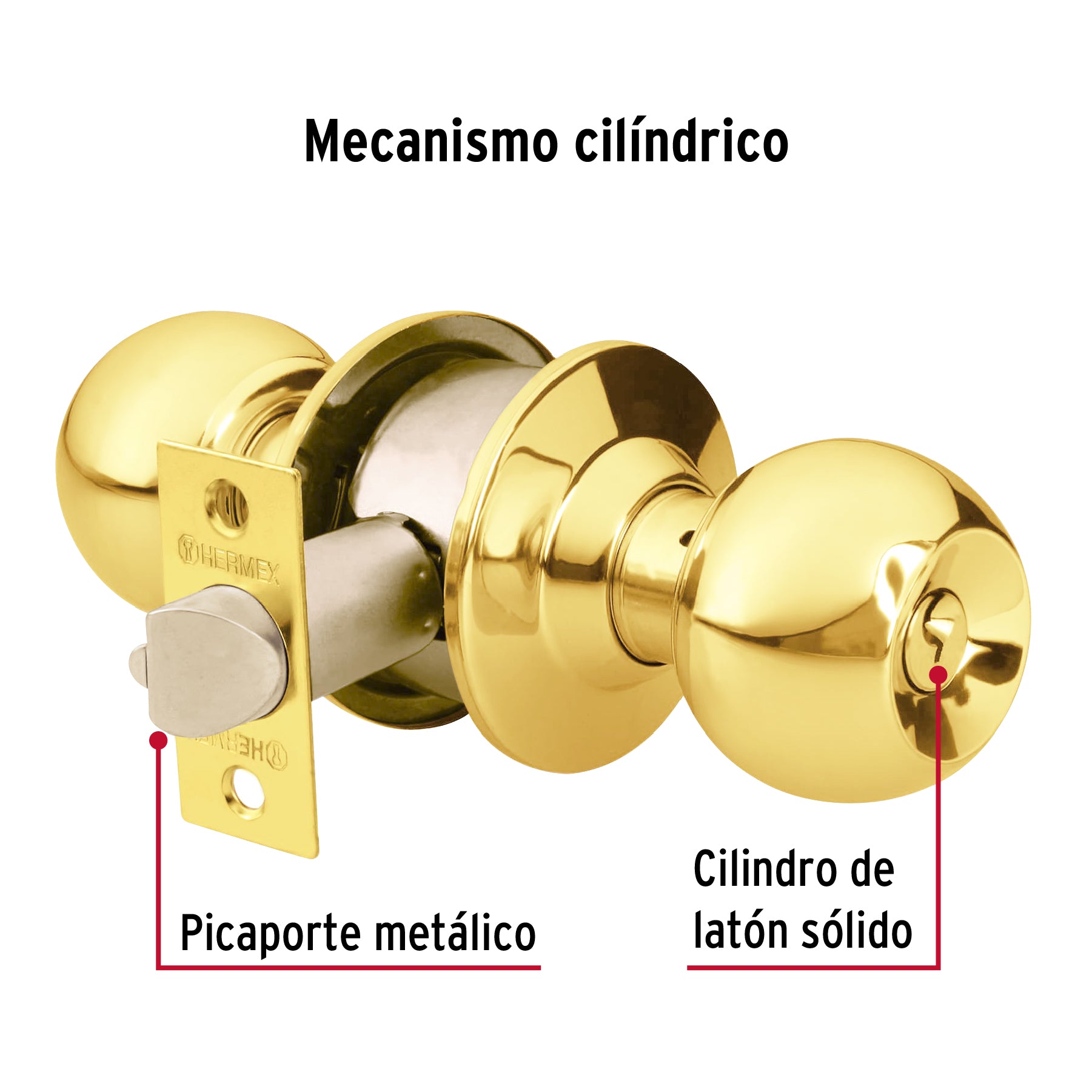 Cerradura tipo esfera para recámara, latón brillante, HERMEX