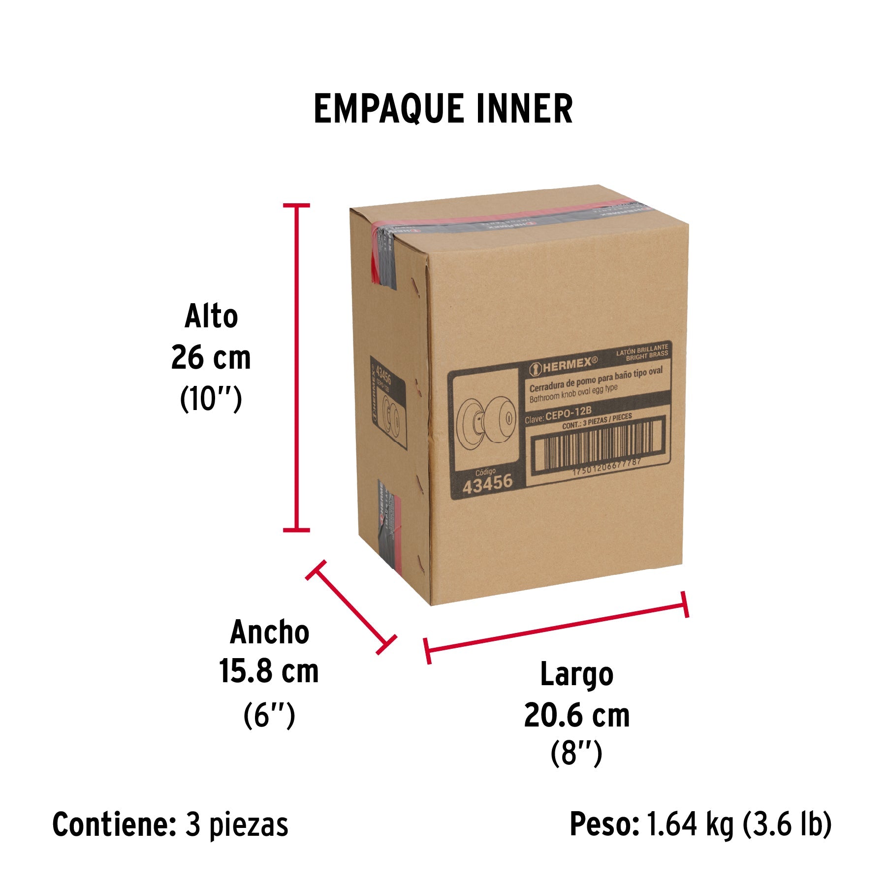 Cerradura tipo oval para baño, latón brillante, HERMEX - Empaque