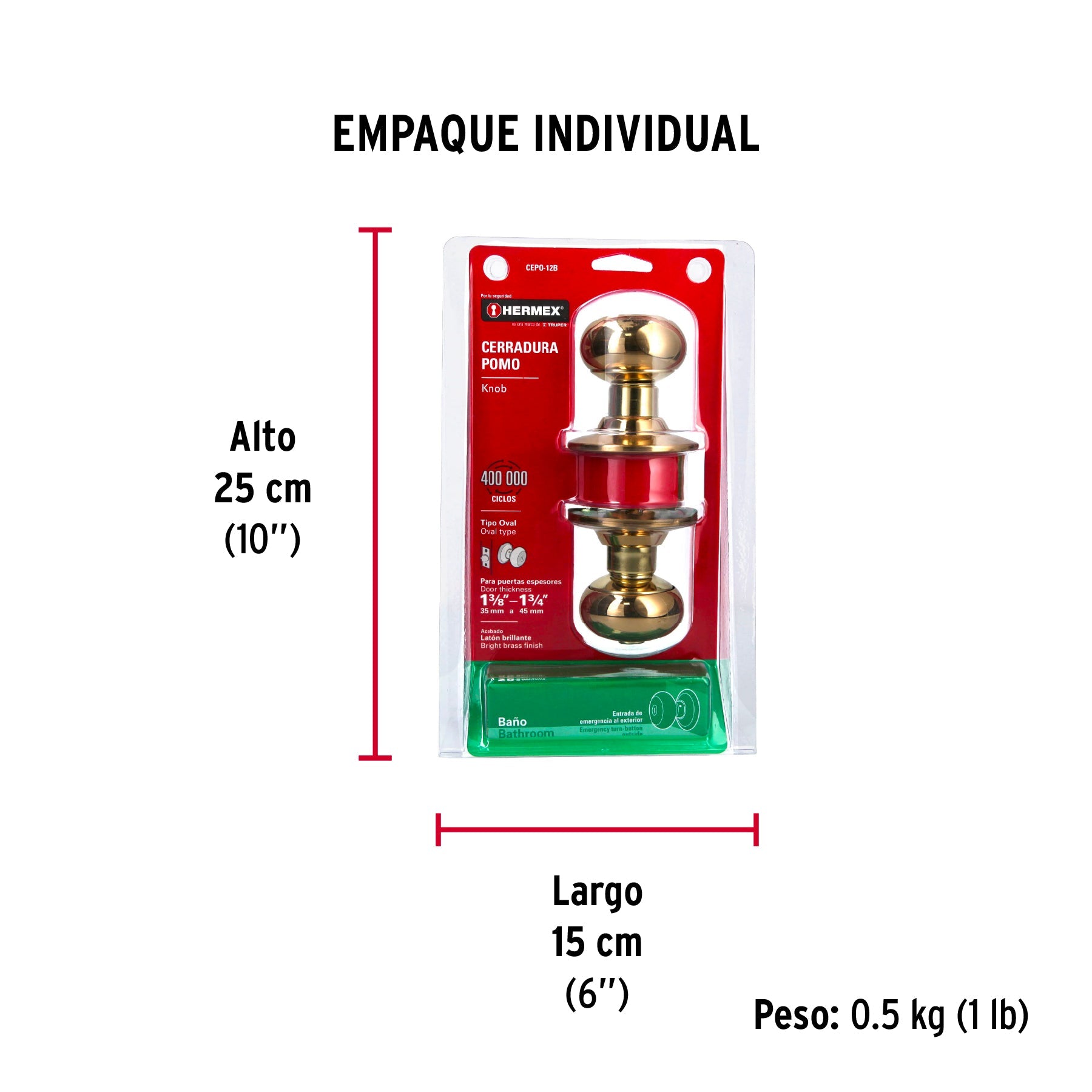 Cerradura tipo oval para baño, latón brillante, HERMEX - Empaque