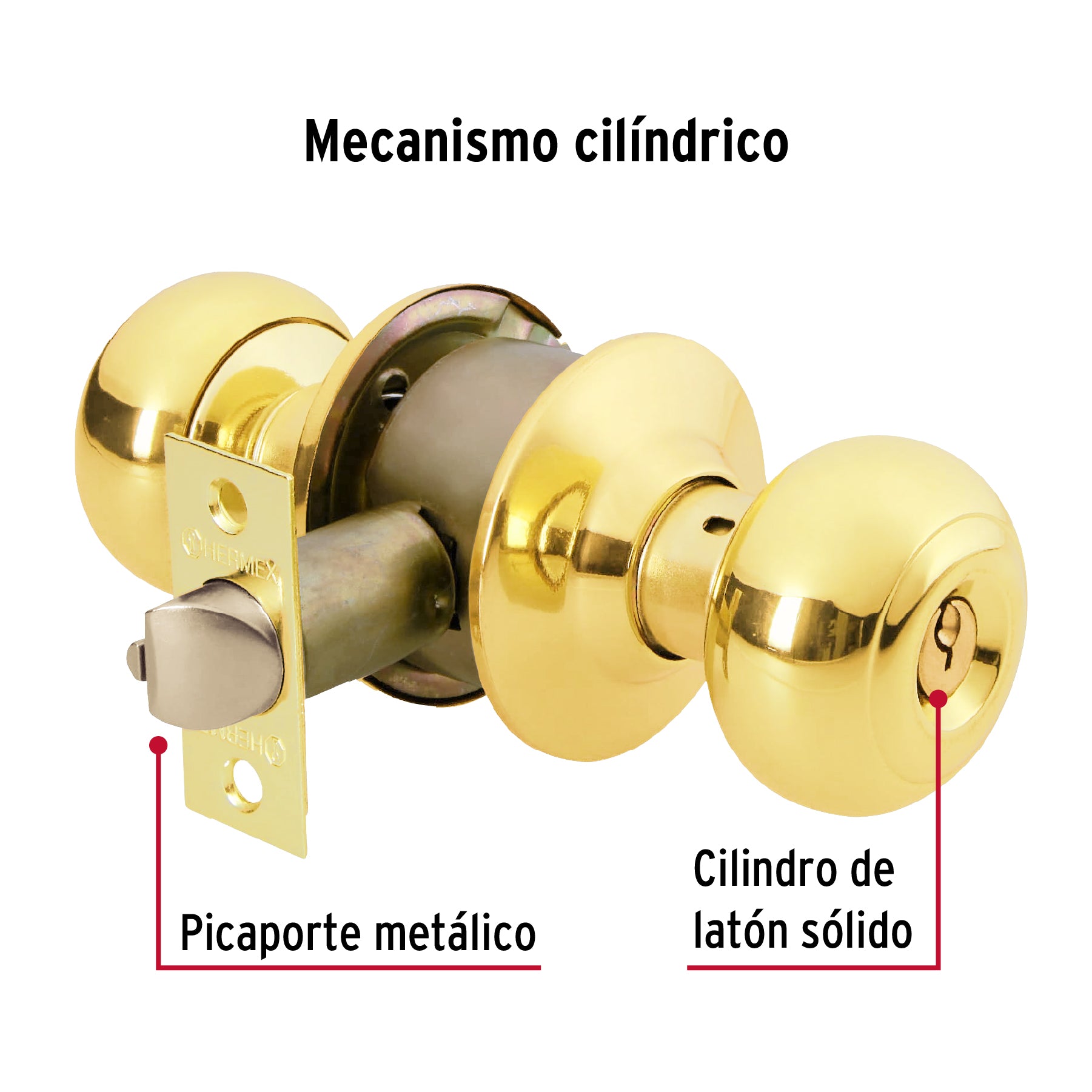 Cerradura tipo oval para recámara, latón brillante, HERMEX