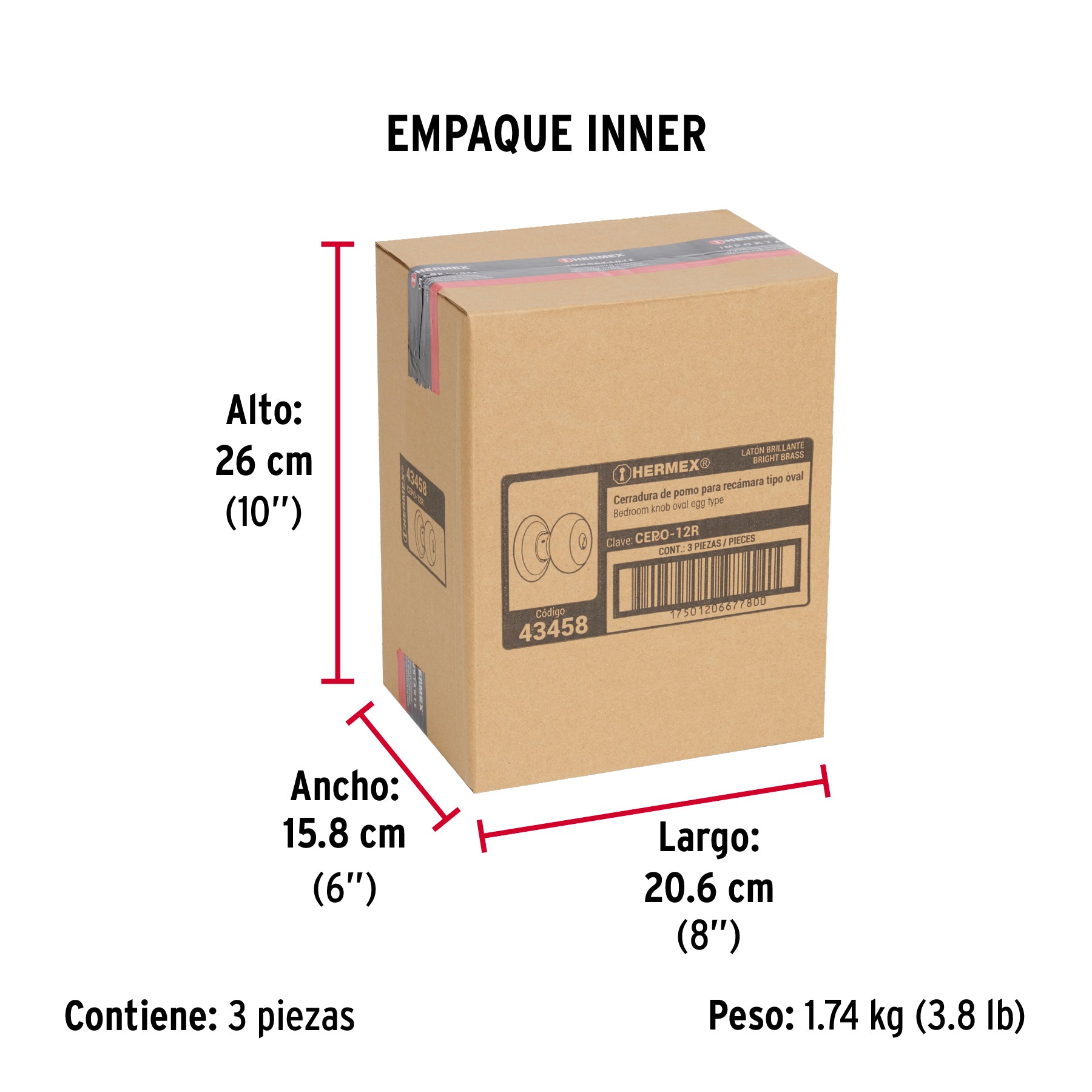Cerradura tipo oval para recámara, latón brillante, HERMEX - Empaque