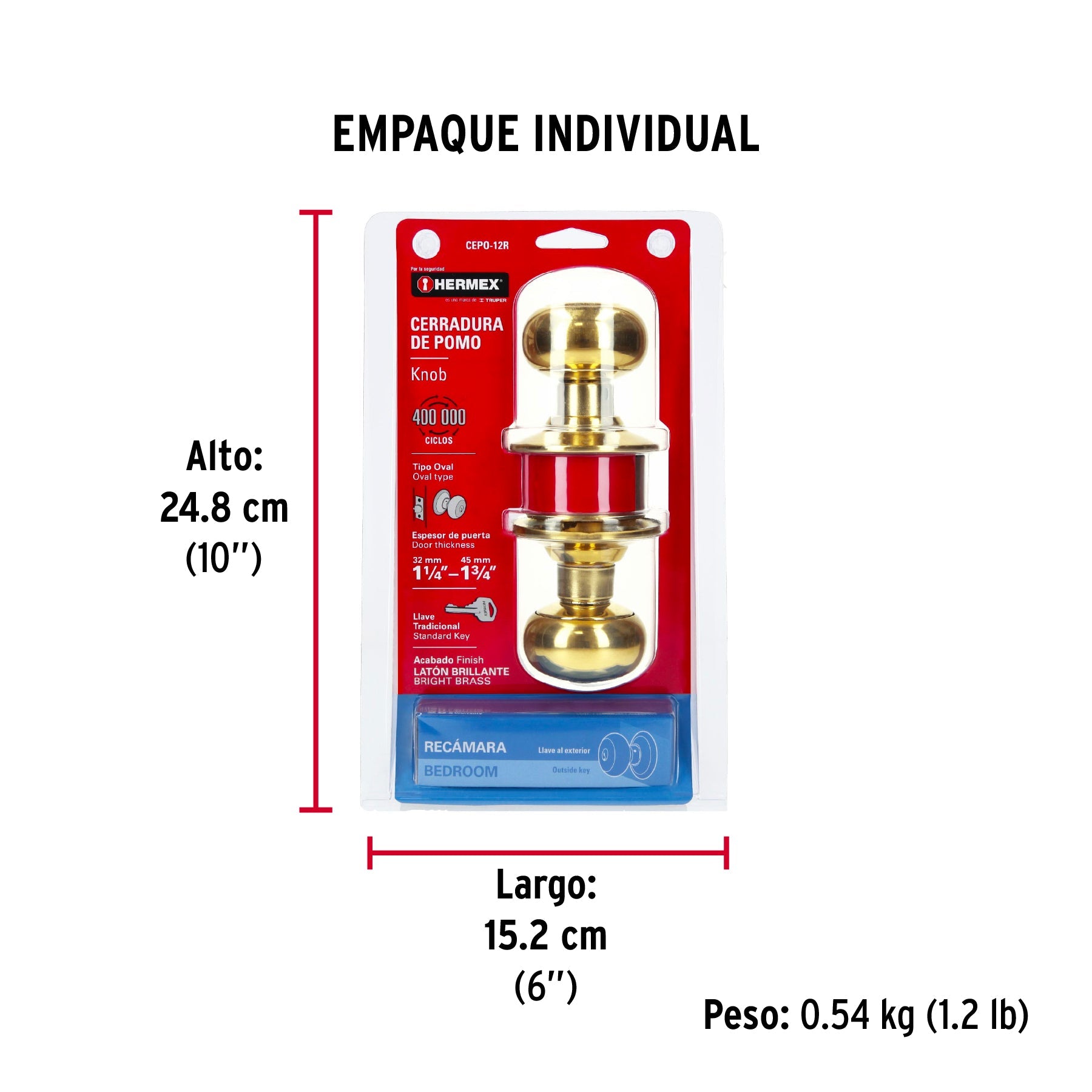 Cerradura tipo oval para recámara, latón brillante, HERMEX - Empaque