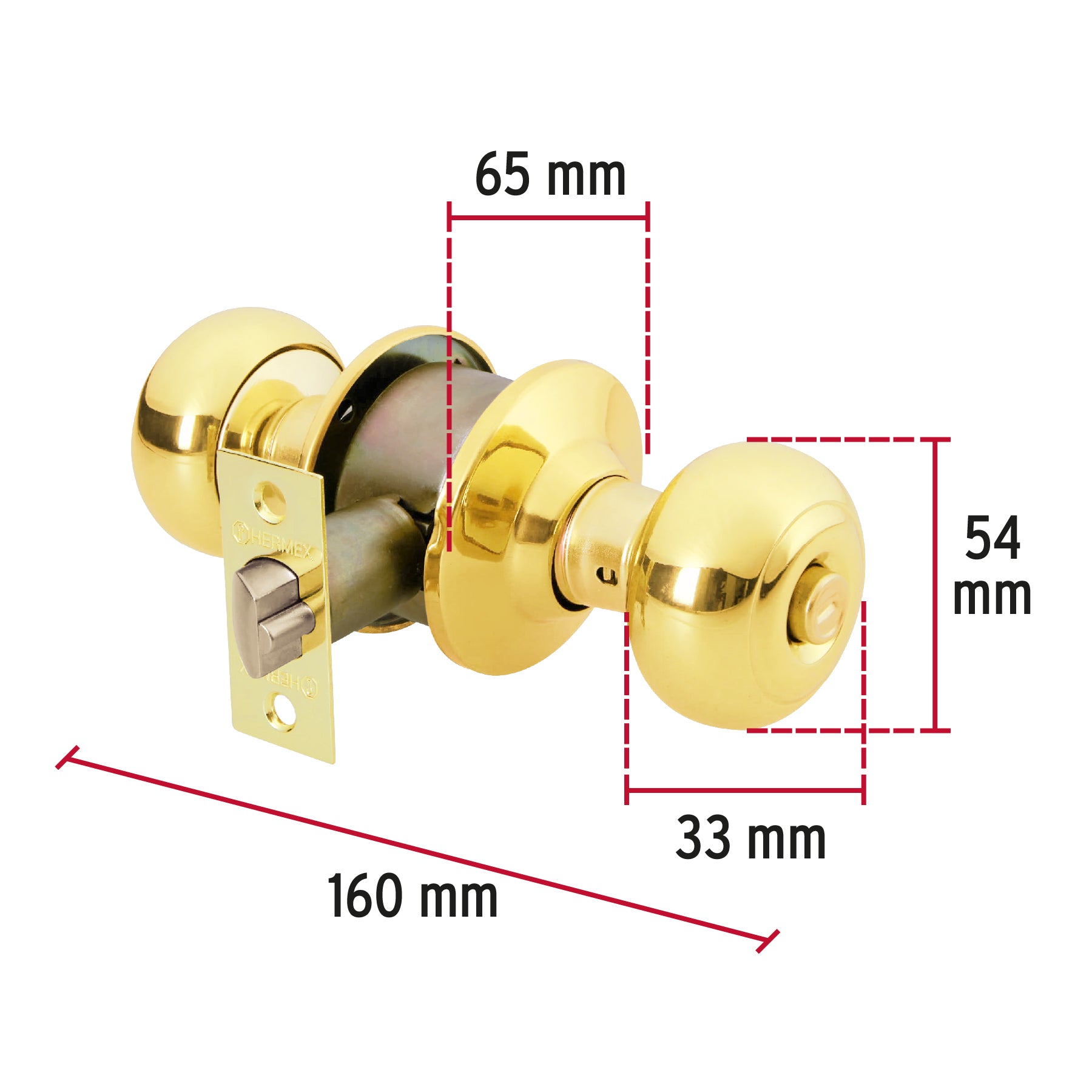 Cerradura tipo oval para recámara, latón brillante, HERMEX