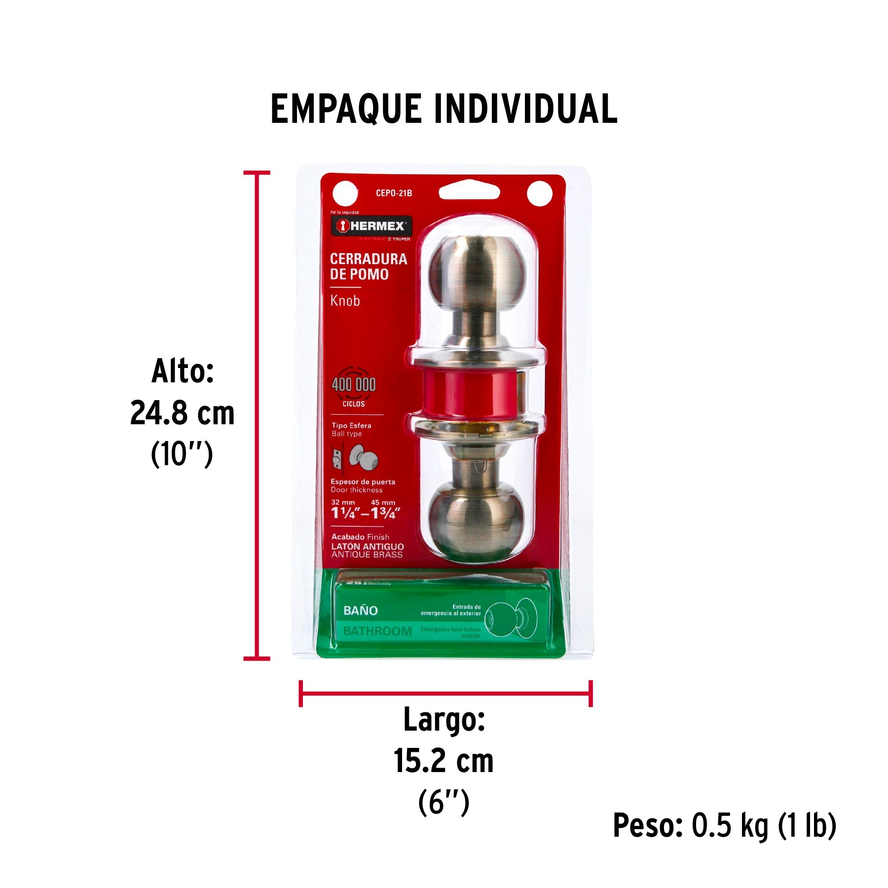 Cerradura tipo esfera para baño, latón antiguo, HERMEX - Empaque