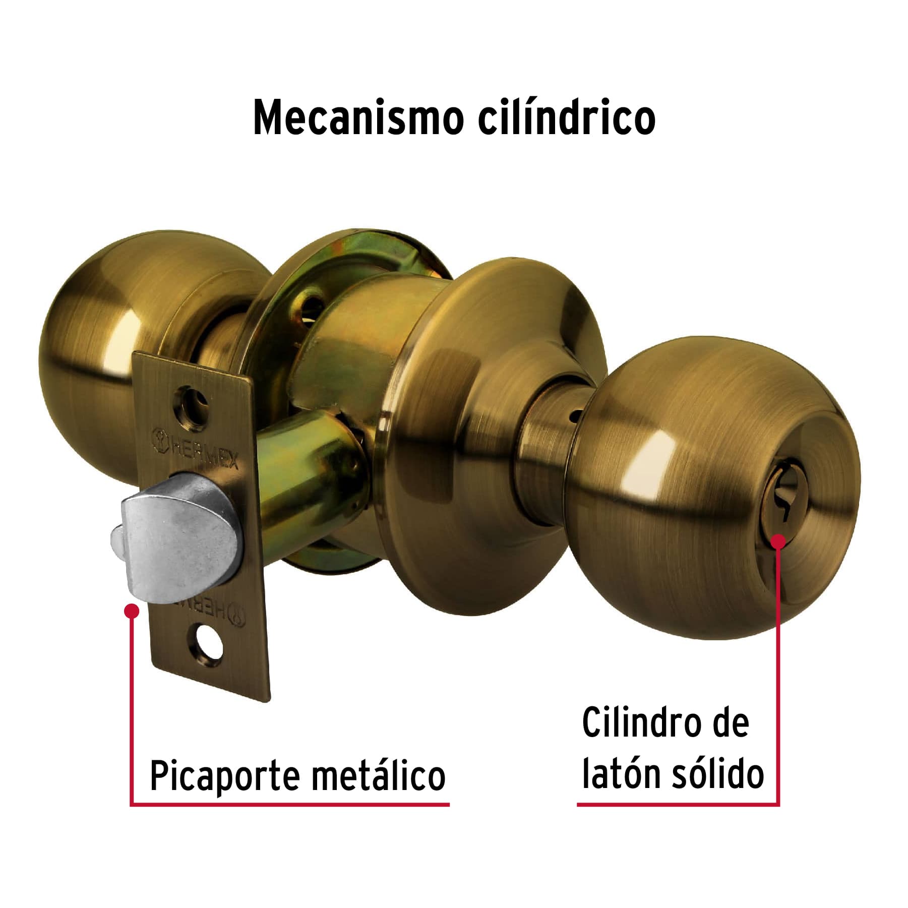 Cerradura tipo esfera para recámara, latón antiguo, HERMEX