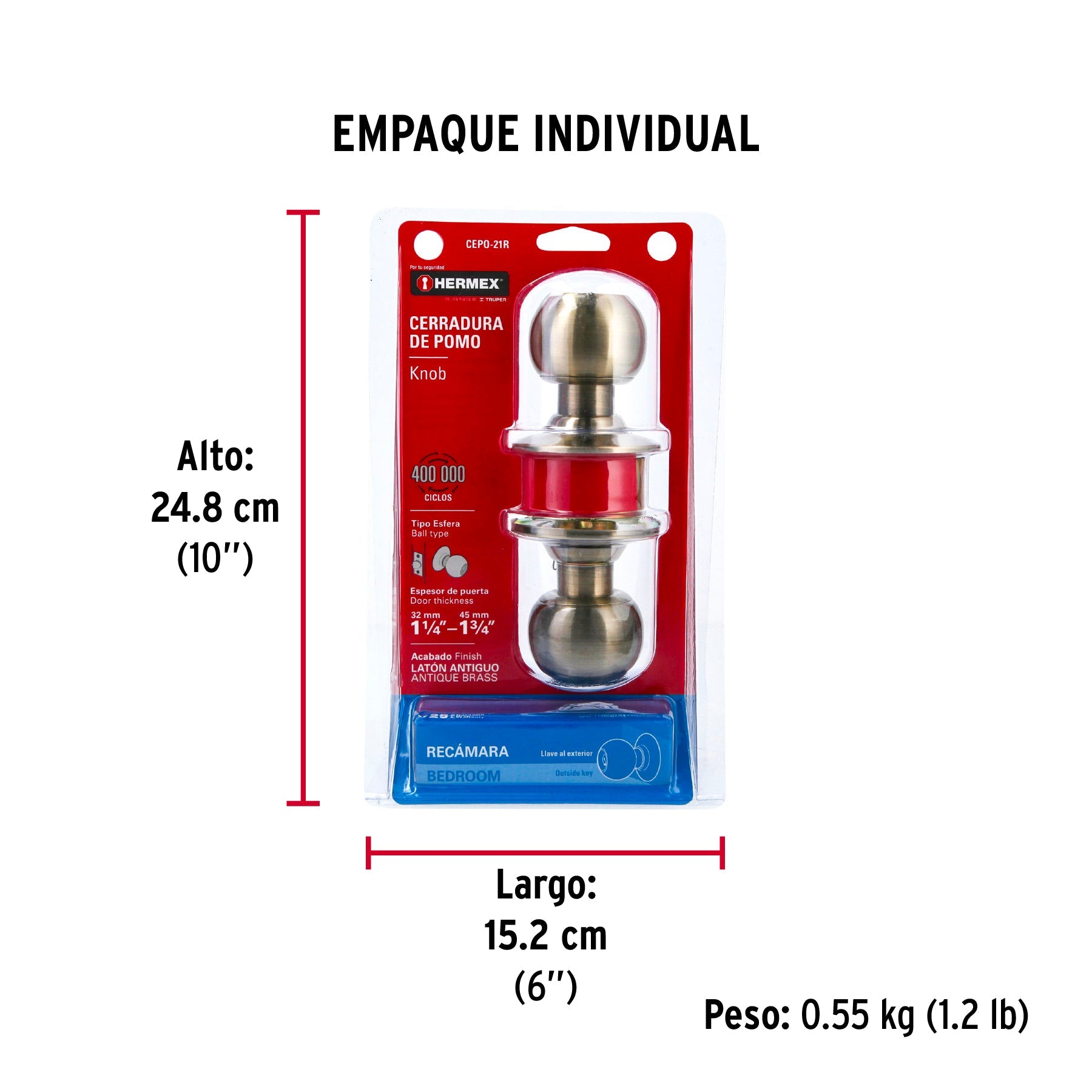 Cerradura tipo esfera para recámara, latón antiguo, HERMEX - Empaque
