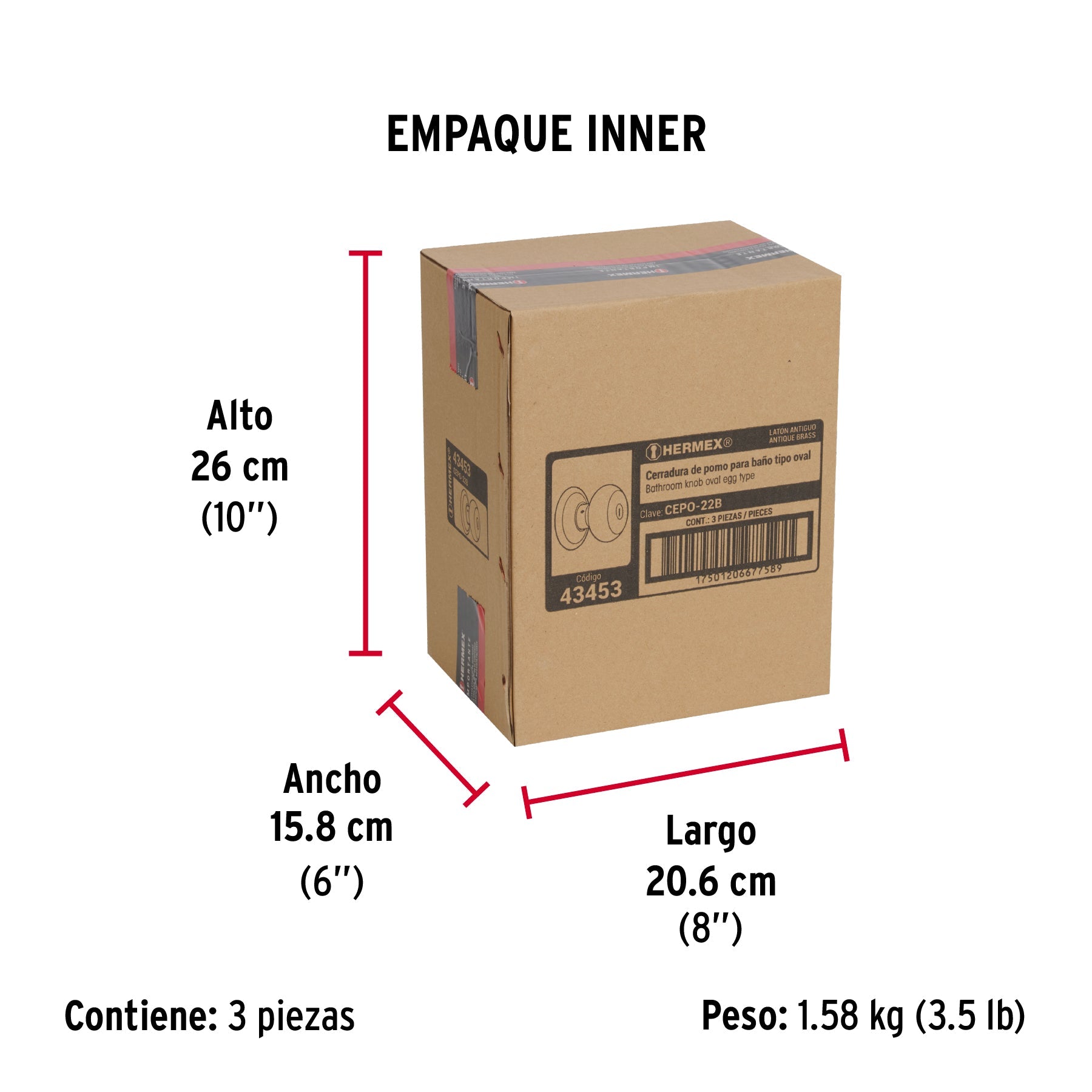 Cerradura tipo oval para baño, latón antiguo, HERMEX - Empaque