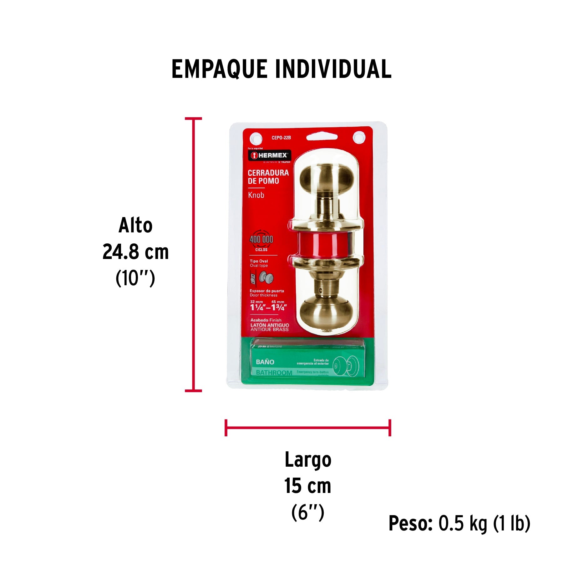 Cerradura tipo oval para baño, latón antiguo, HERMEX - Empaque