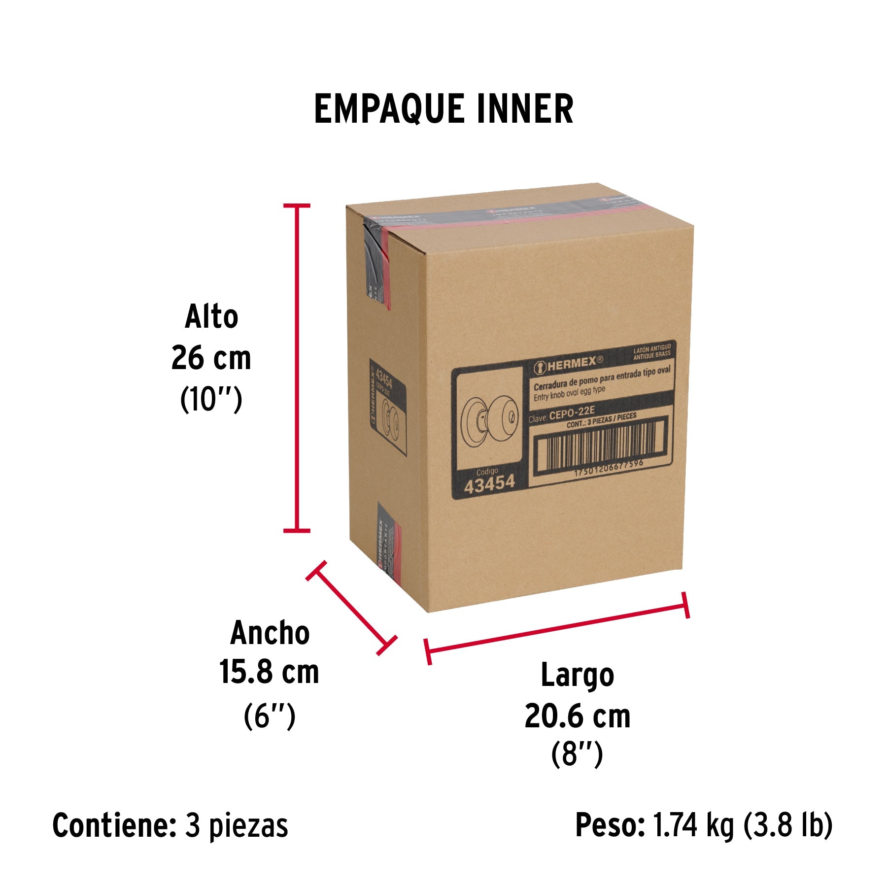 Cerradura tipo oval para entrada, latón antiguo, HERMEX - Empaque