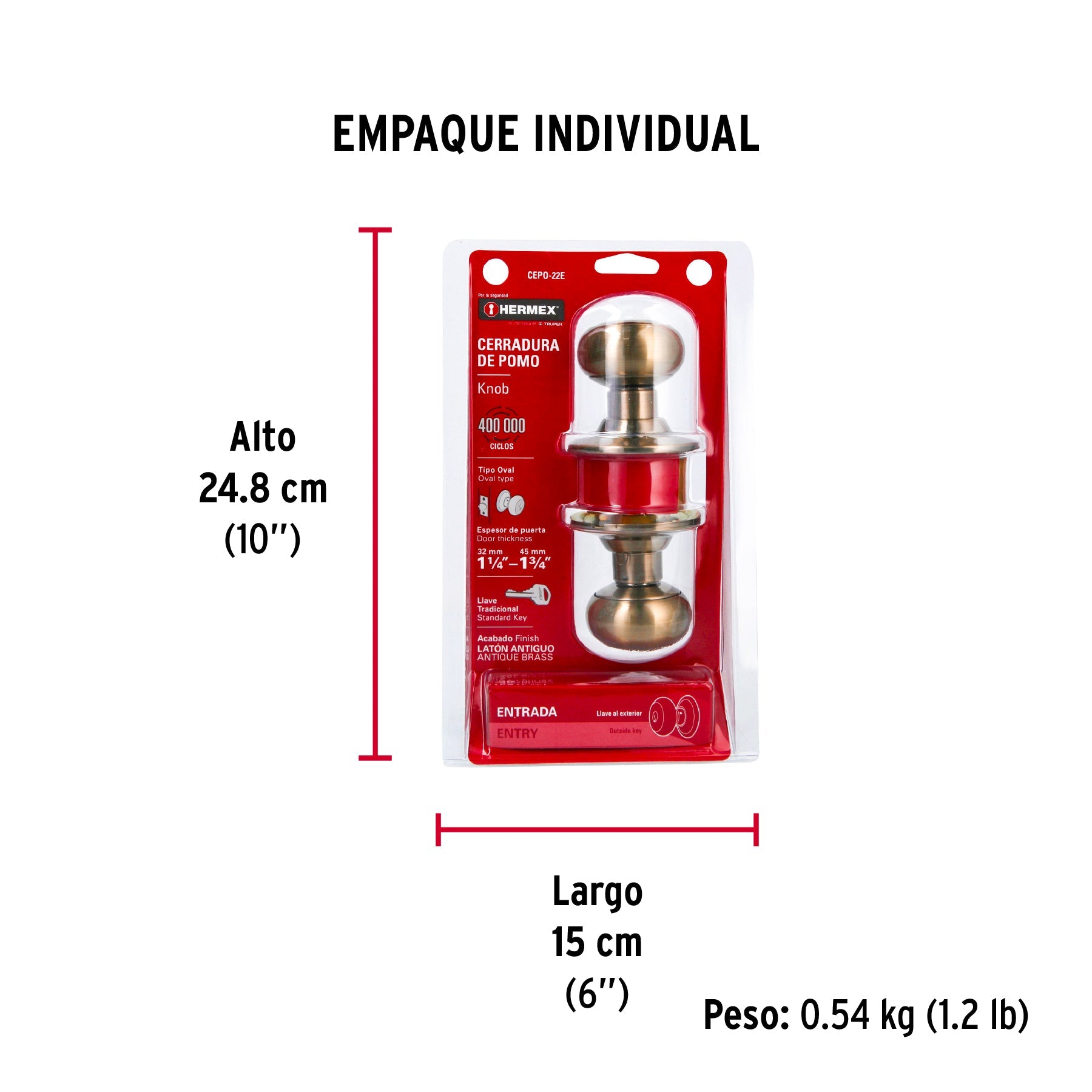 Cerradura tipo oval para entrada, latón antiguo, HERMEX - Empaque