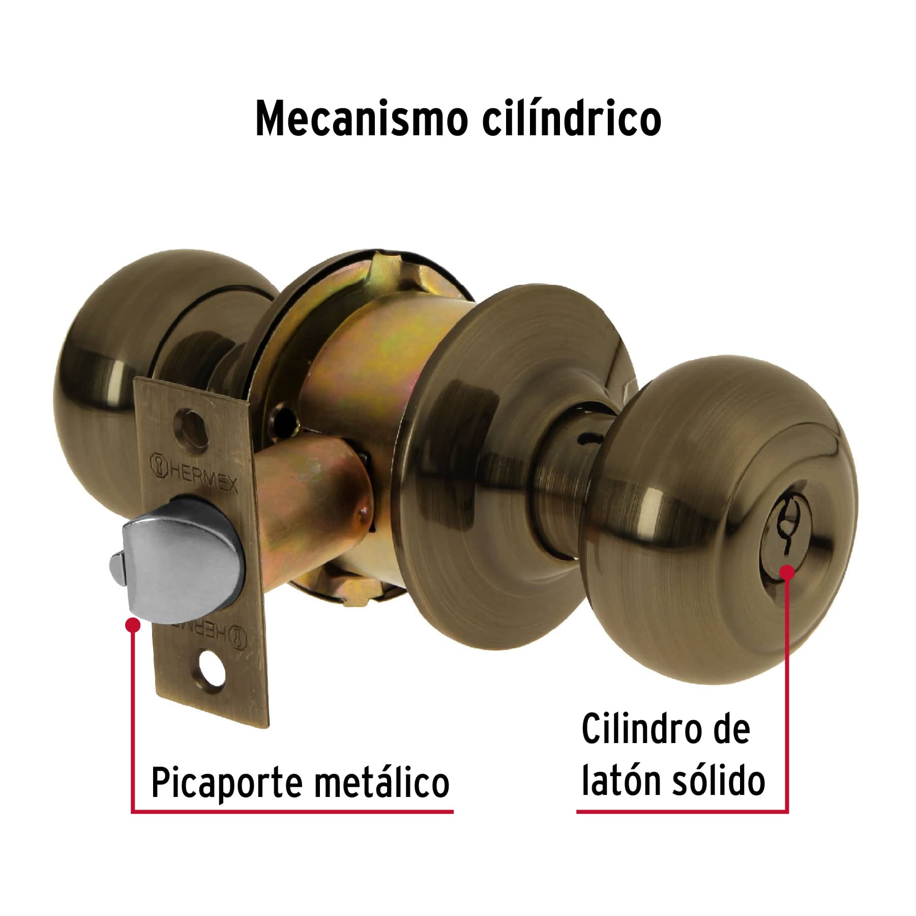 Cerradura tipo oval para recámara, latón antiguo, HERMEX