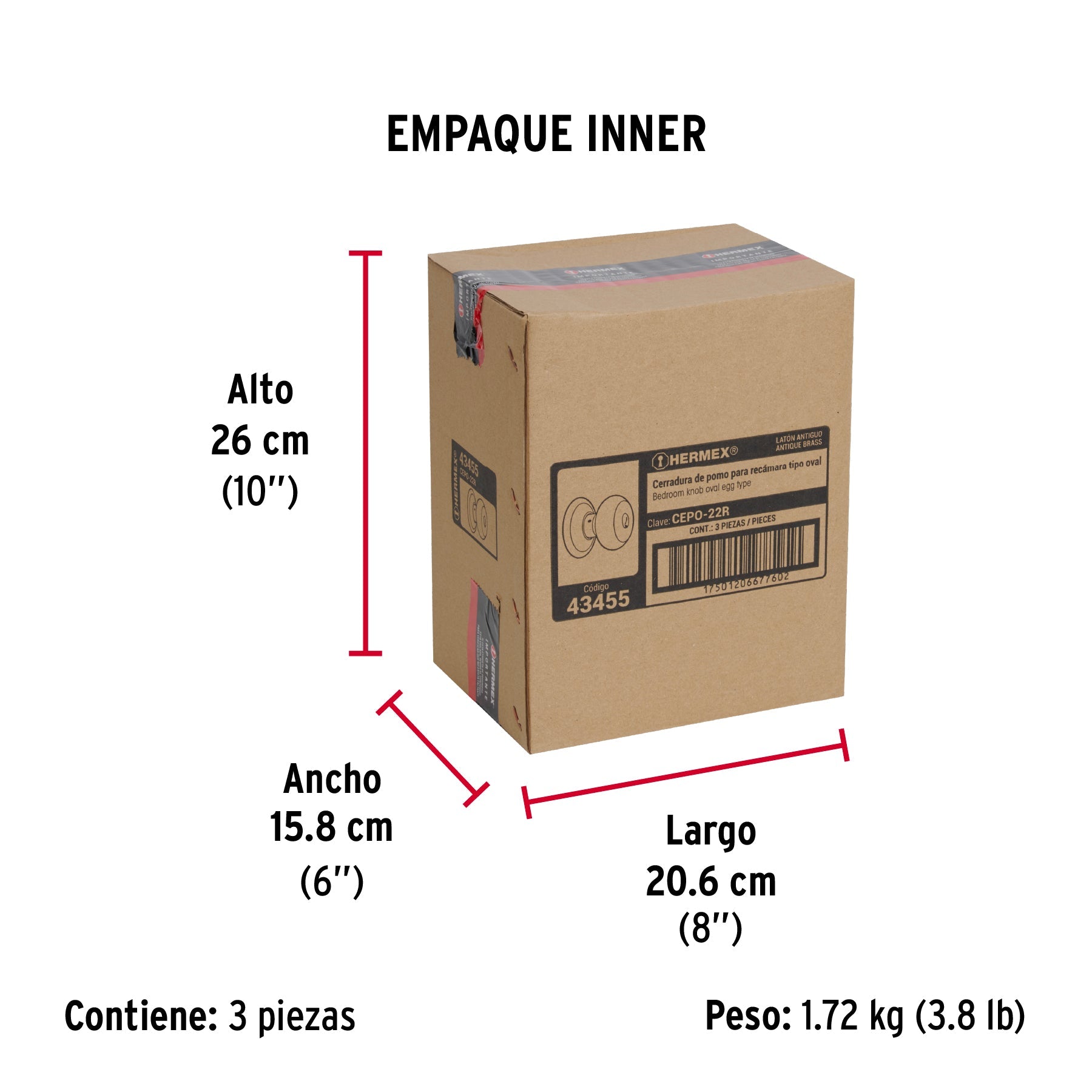 Cerradura tipo oval para recámara, latón antiguo, HERMEX - Empaque