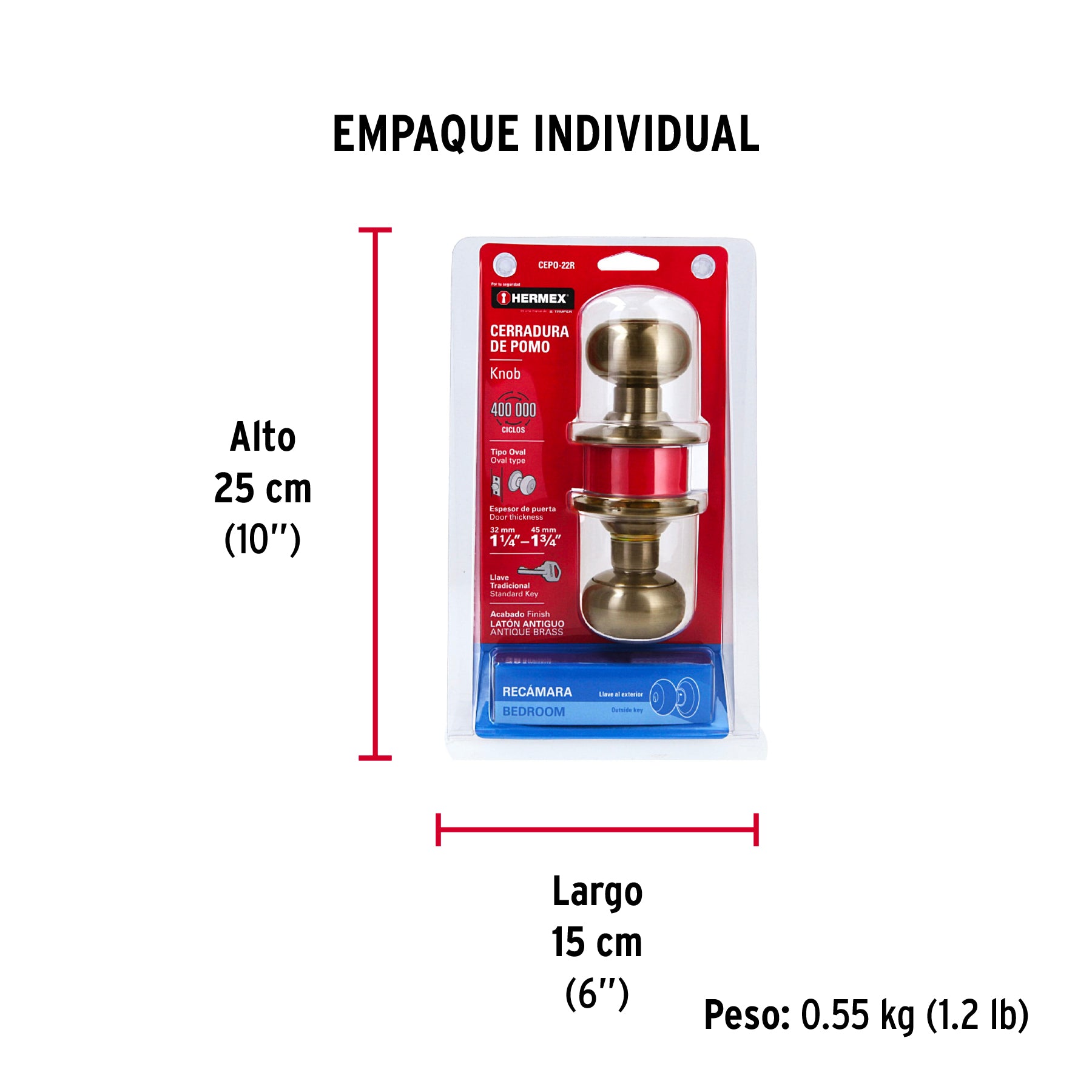 Cerradura tipo oval para recámara, latón antiguo, HERMEX - Empaque