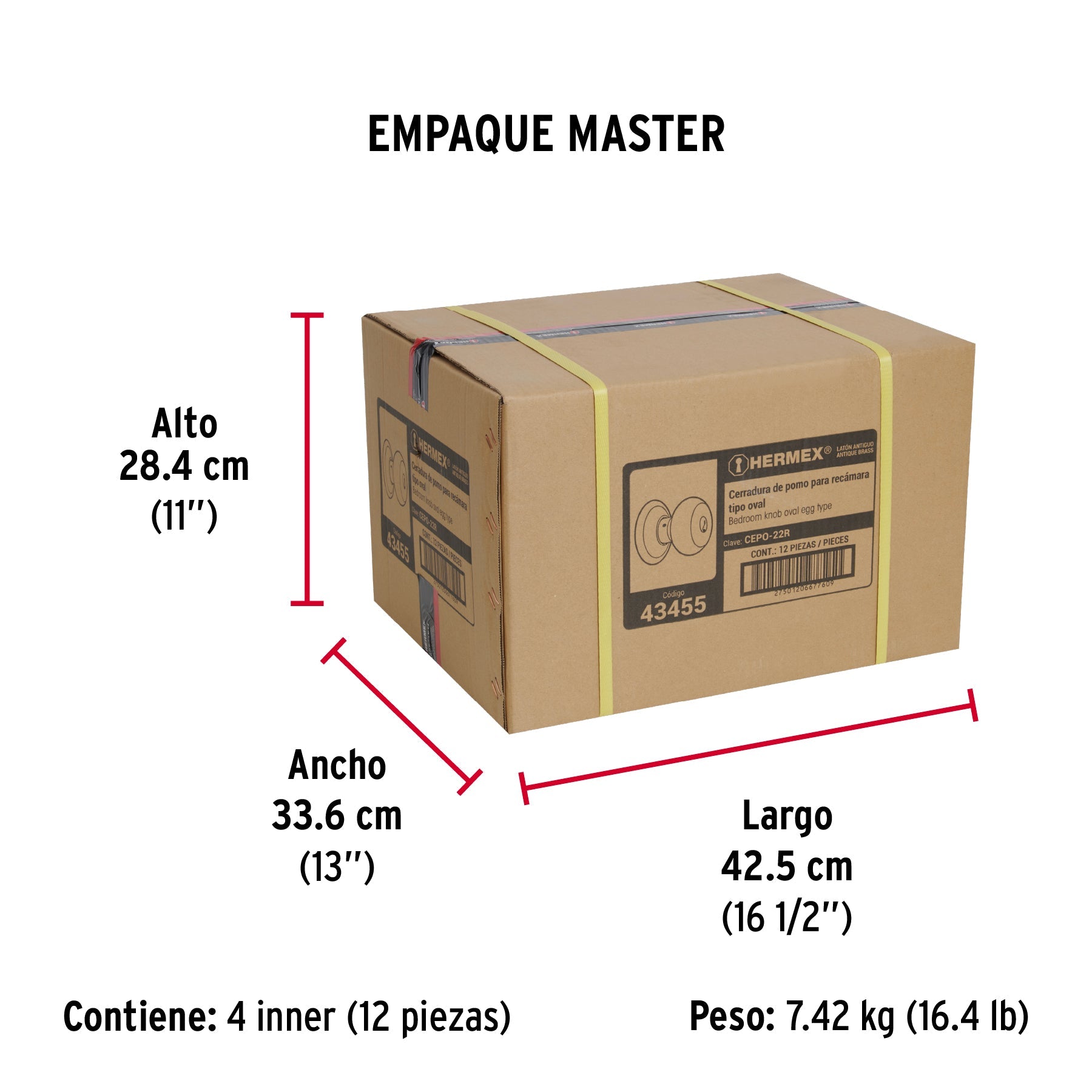 Cerradura tipo oval para recámara, latón antiguo, HERMEX - Empaque