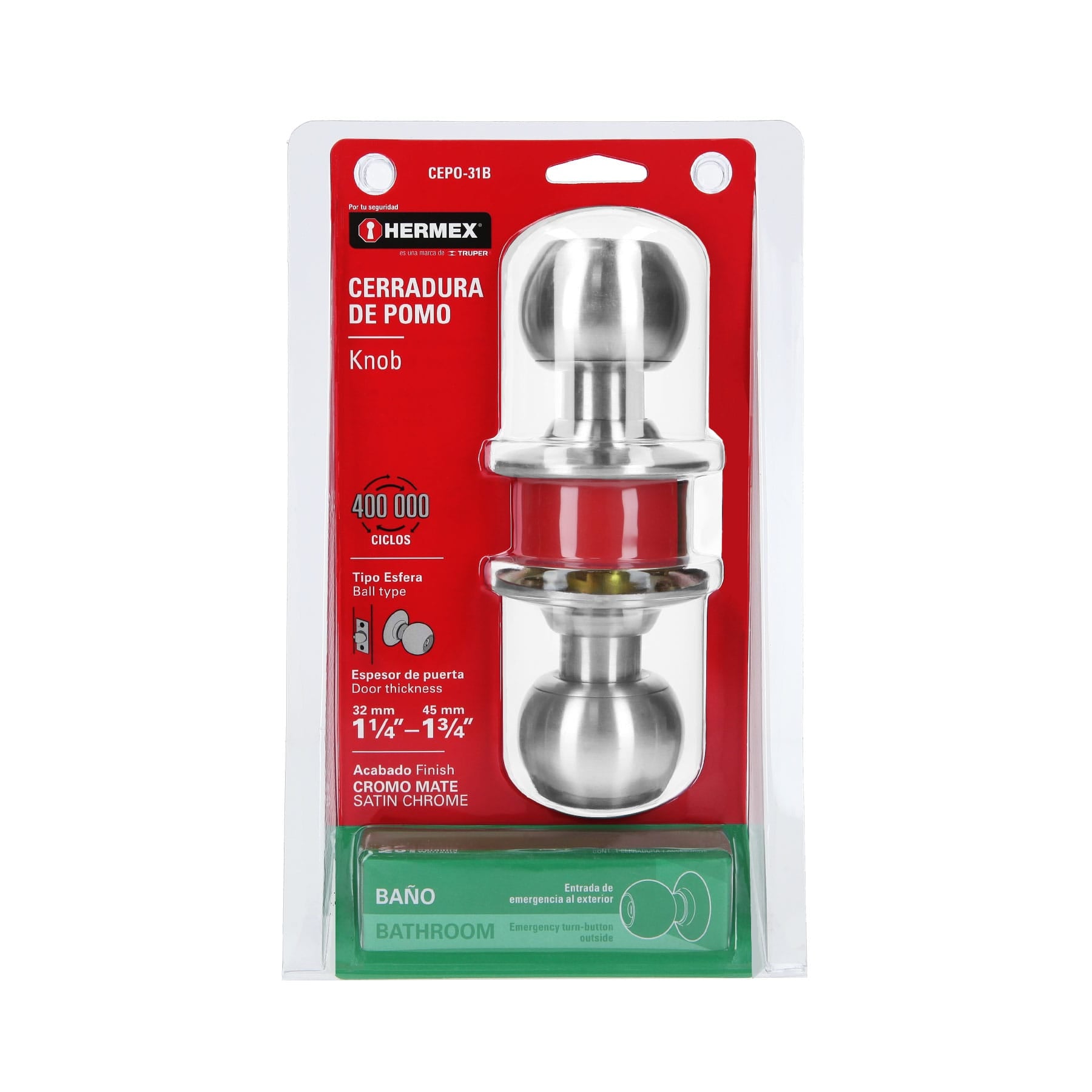 Cerradura tipo esfera para baño, cromo mate, HERMEX