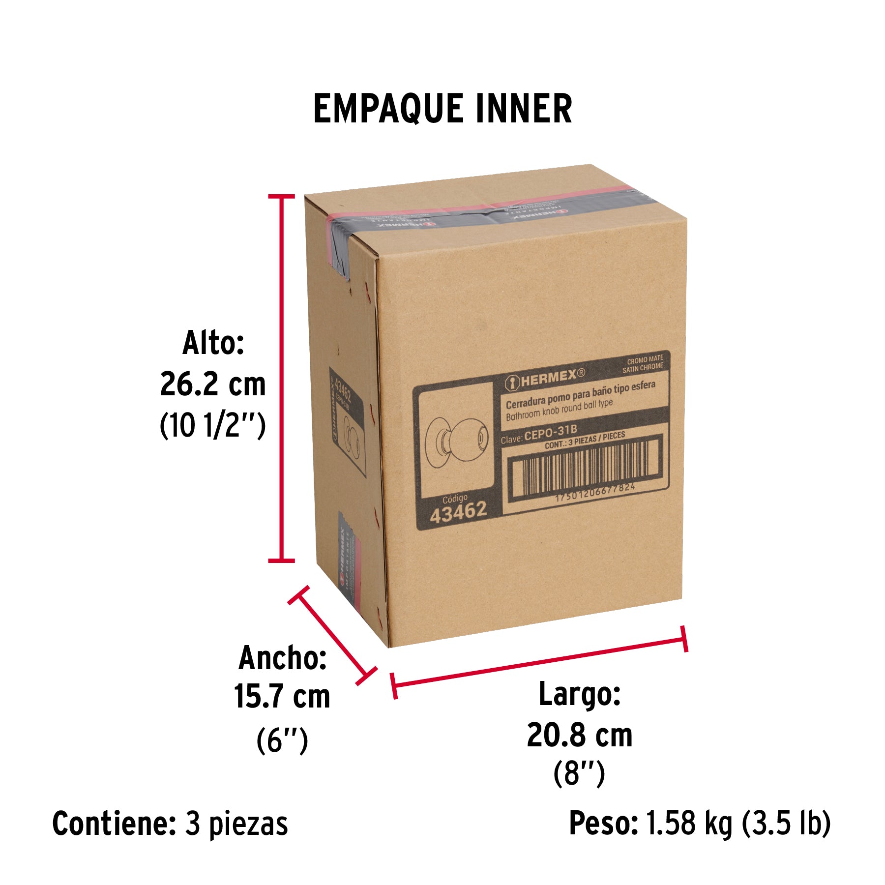Cerradura tipo esfera para baño, cromo mate, HERMEX - Empaque