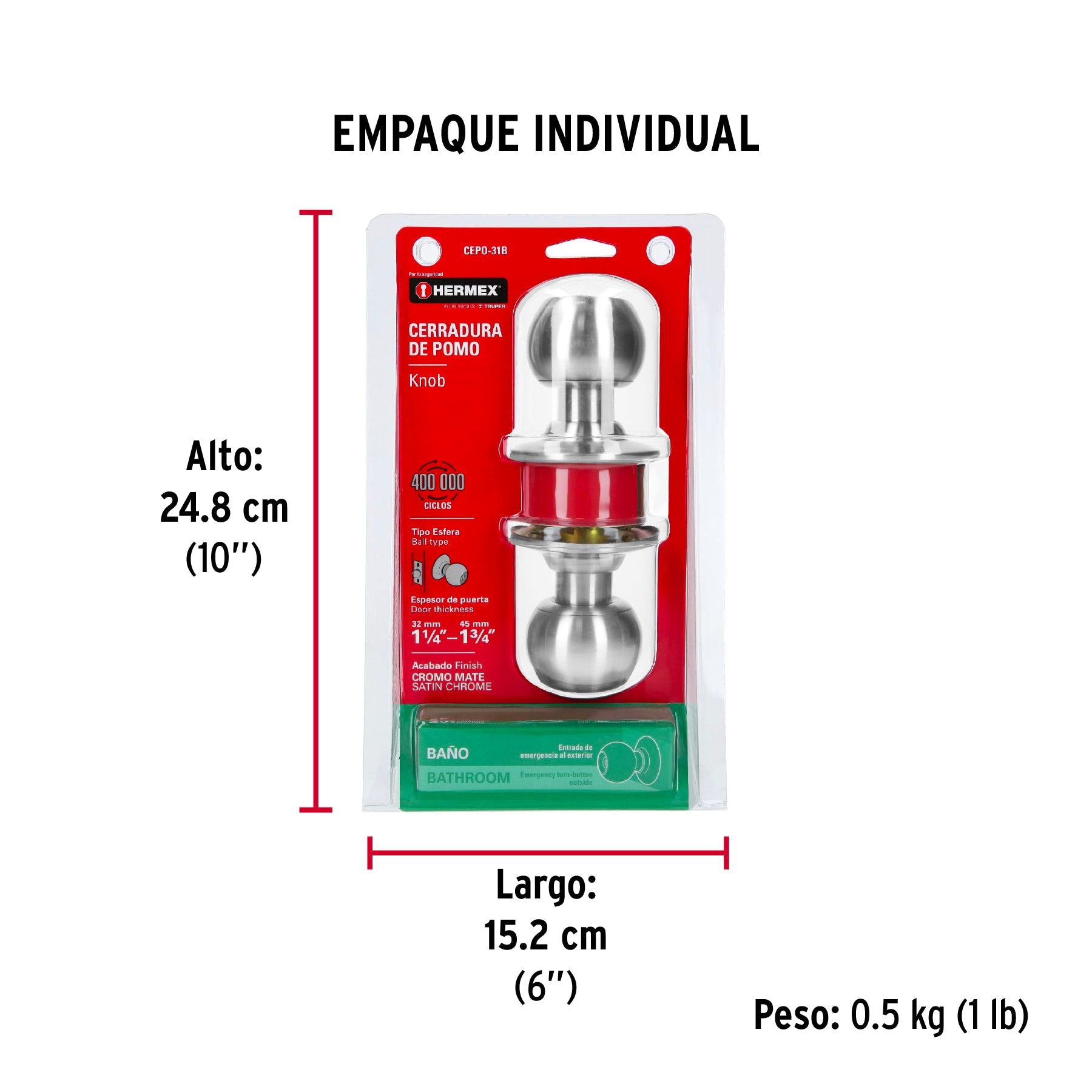 Cerradura tipo esfera para baño, cromo mate, HERMEX - Empaque