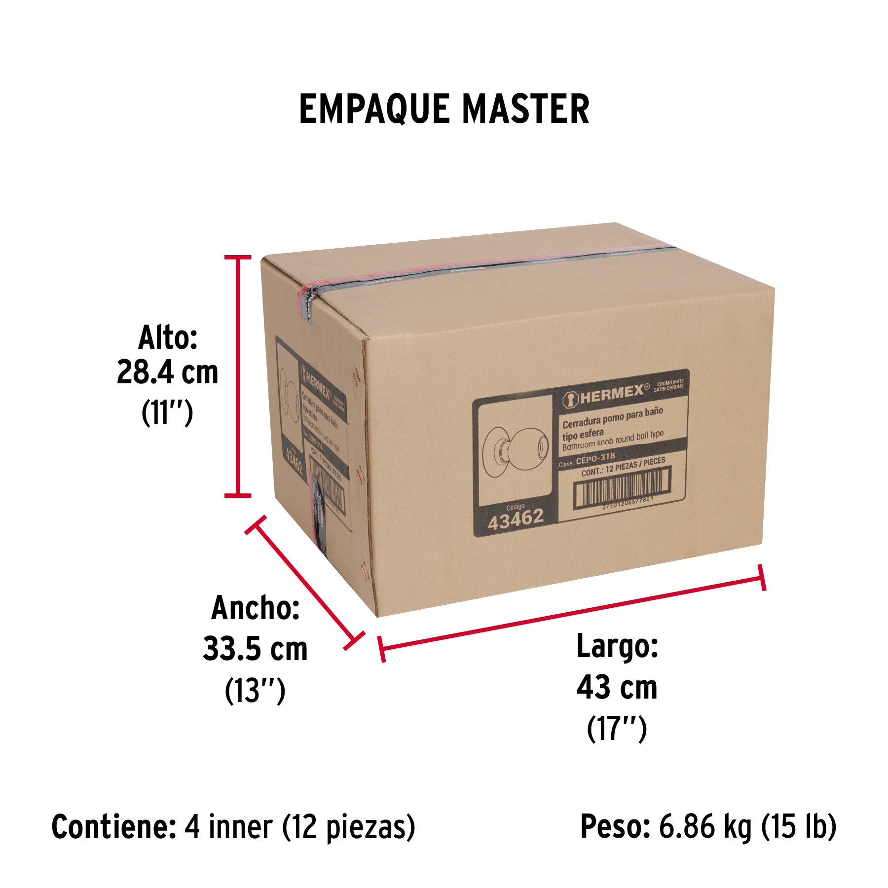 Cerradura tipo esfera para baño, cromo mate, HERMEX - Empaque