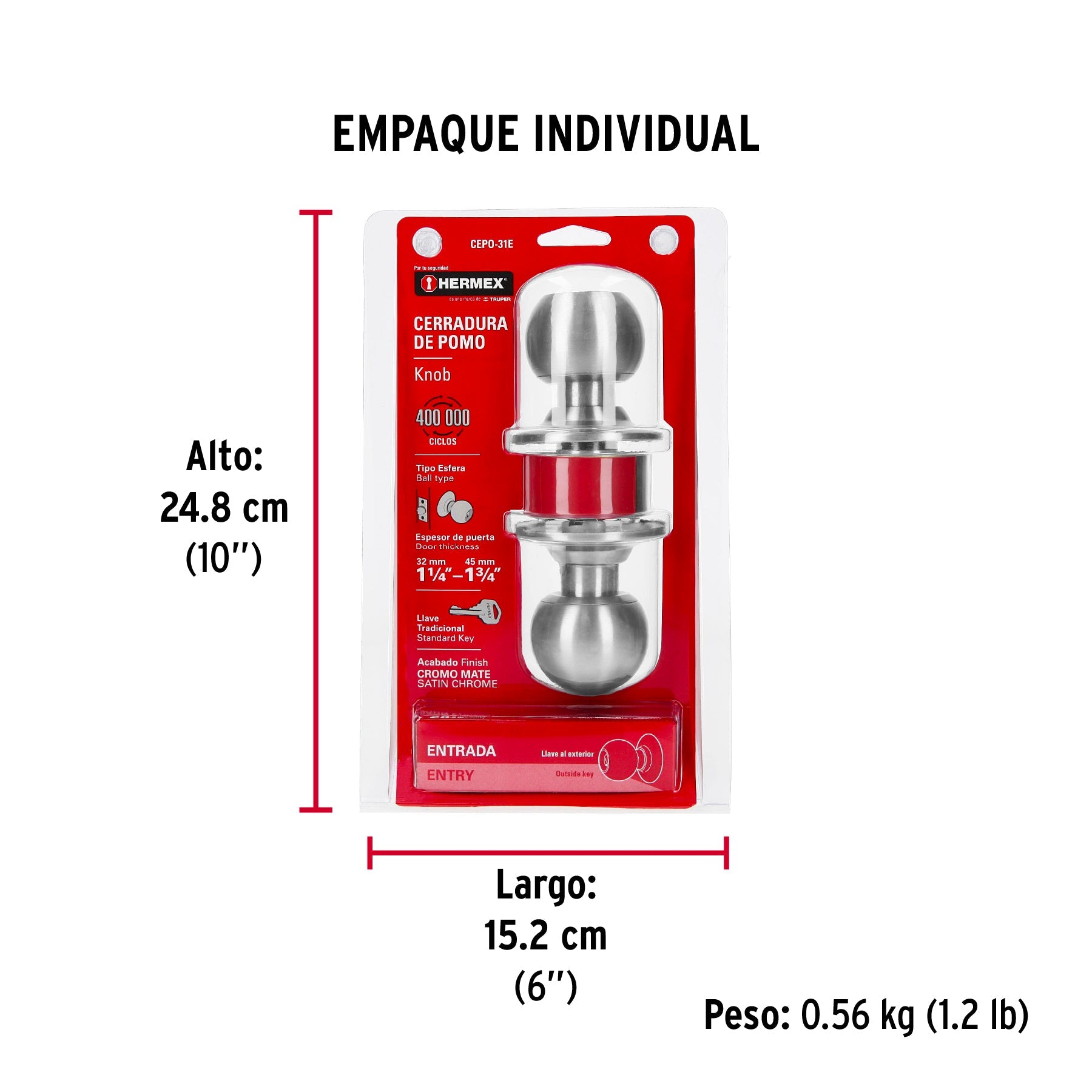 Cerradura tipo esfera para entrada, cromo mate, HERMEX - Empaque