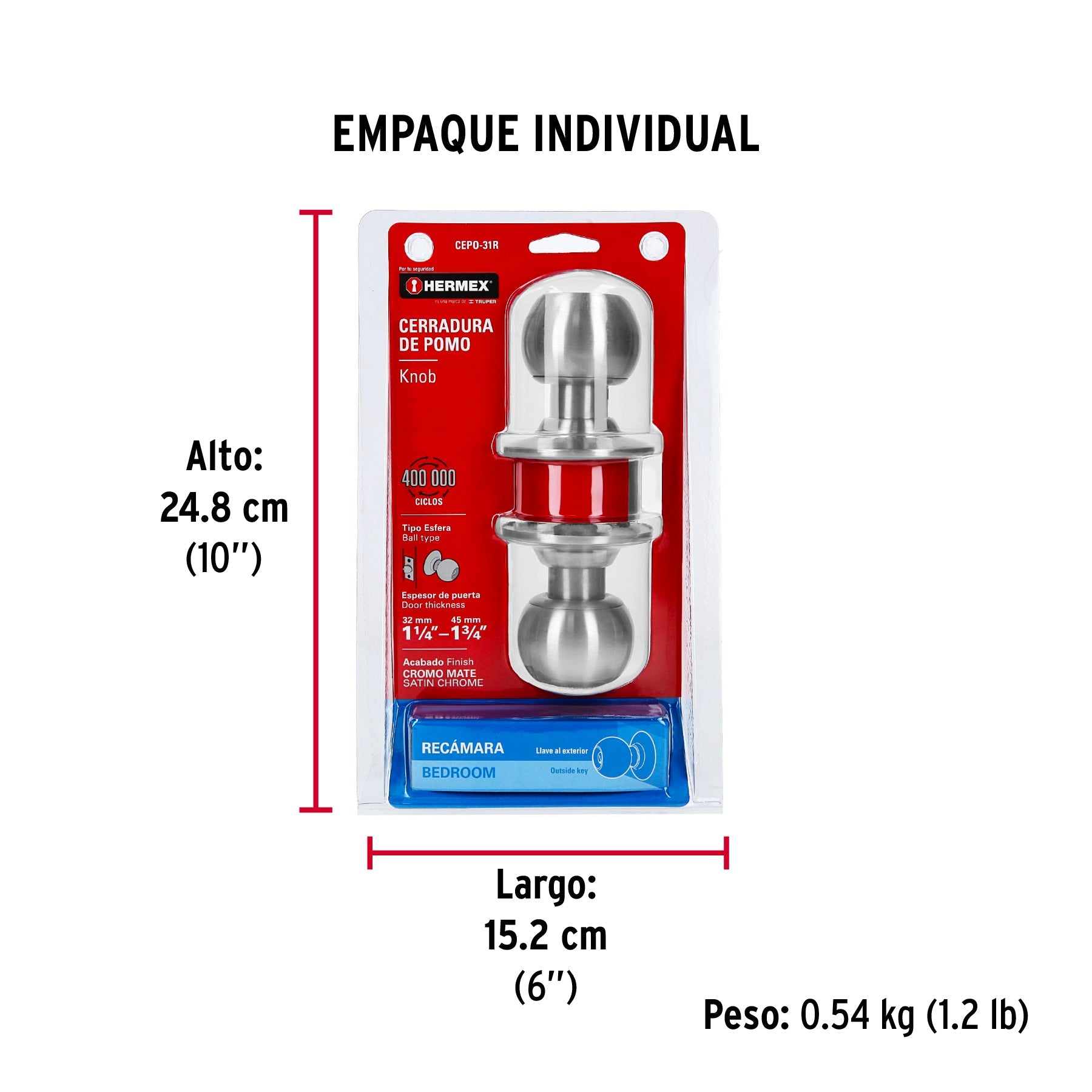 Cerradura tipo esfera para recámara, cromo mate, HERMEX - Empaque