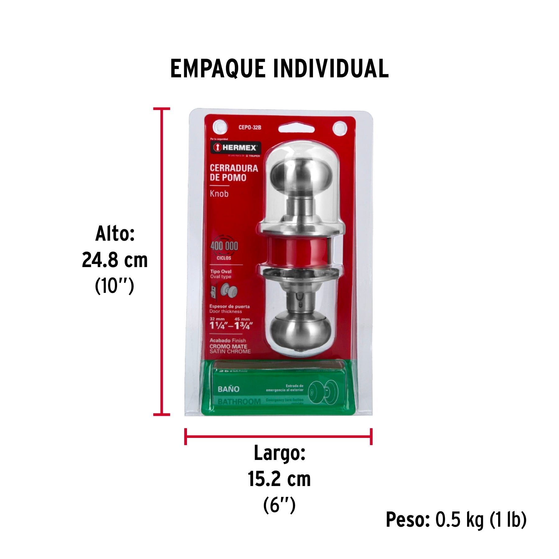 Cerradura tipo oval para baño, cromo mate, HERMEX - Empaque