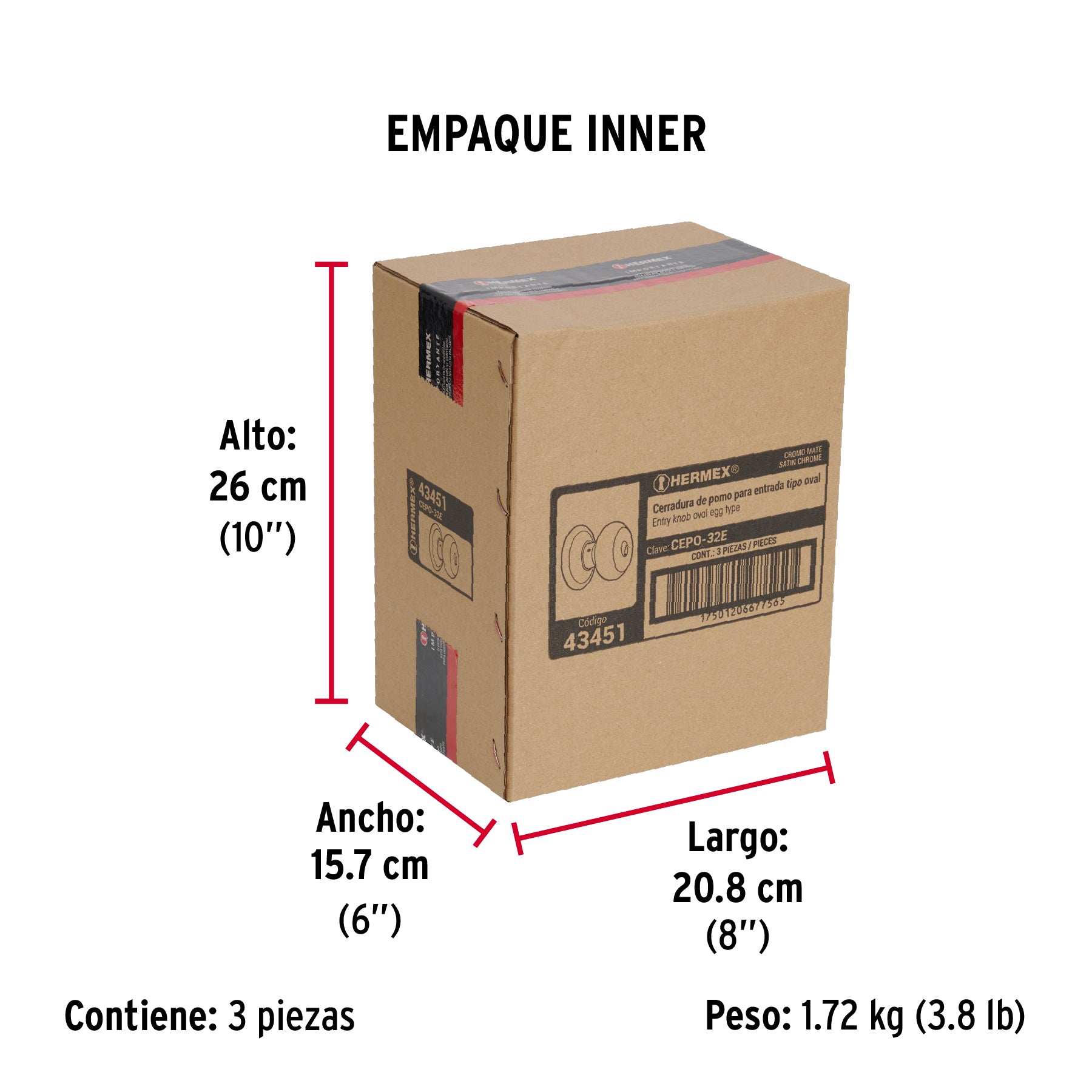 Cerradura tipo oval para entrada, cromo mate, HERMEX - Empaque
