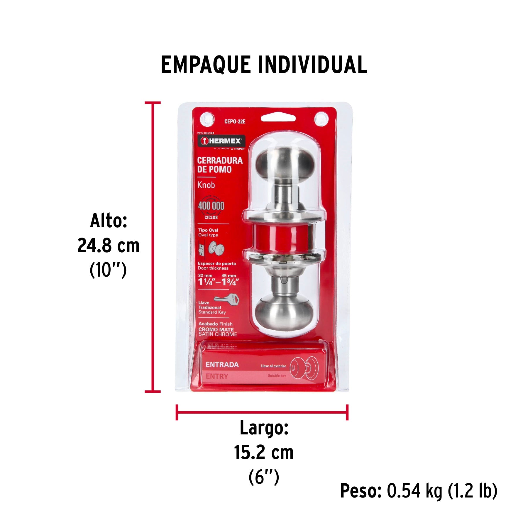 Cerradura tipo oval para entrada, cromo mate, HERMEX - Empaque
