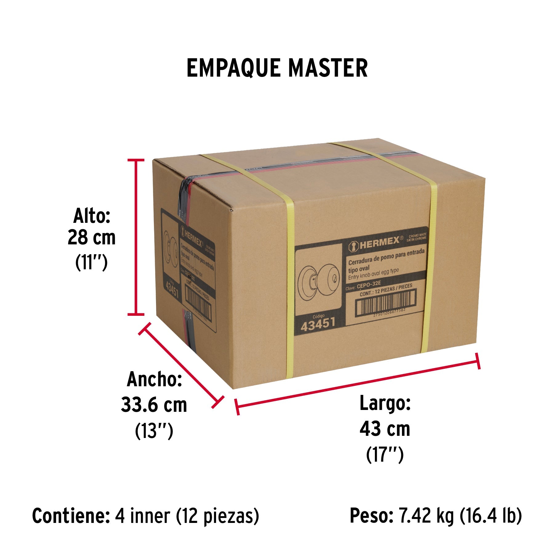 Cerradura tipo oval para entrada, cromo mate, HERMEX - Empaque