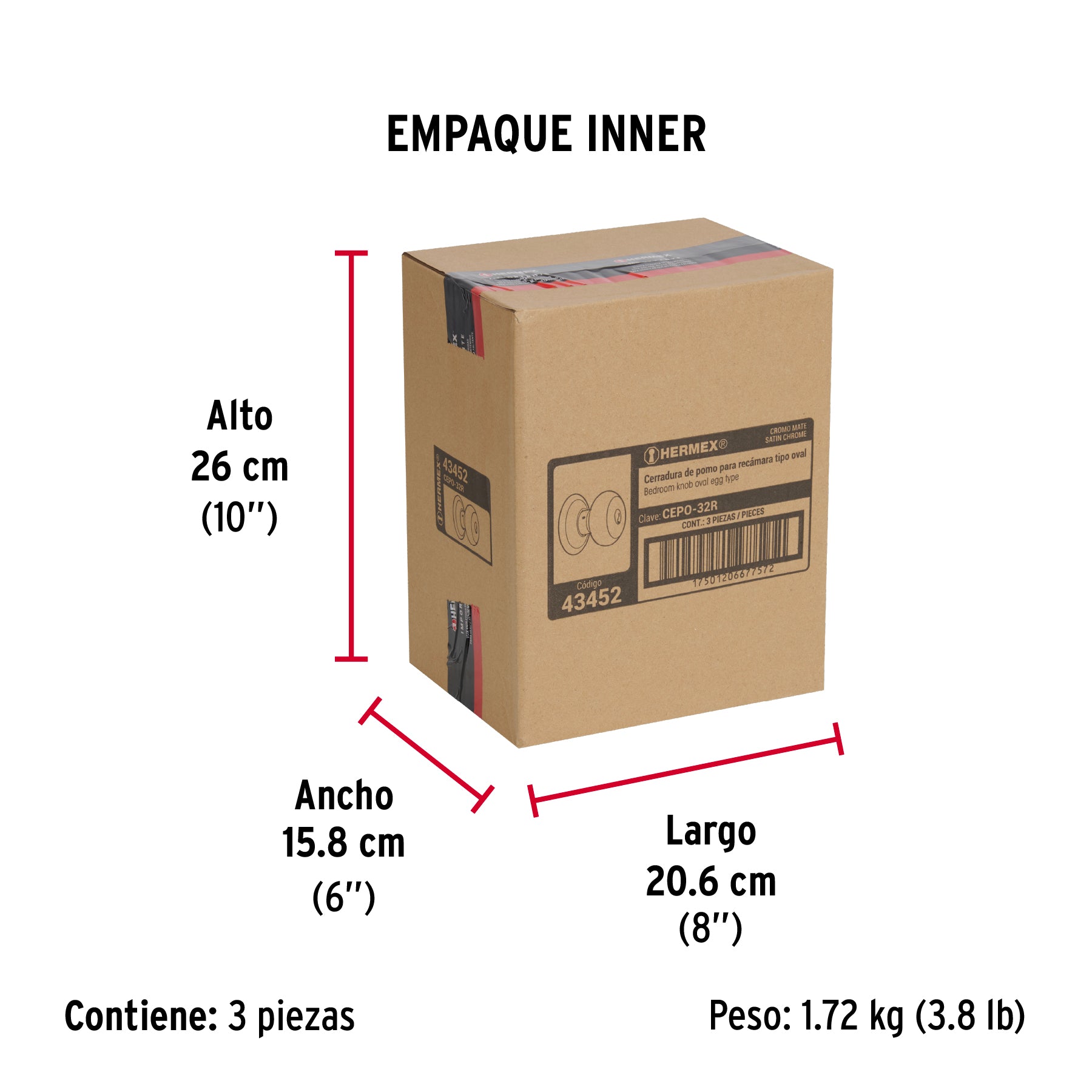 Cerradura tipo oval para recámara, cromo mate, HERMEX - Empaque
