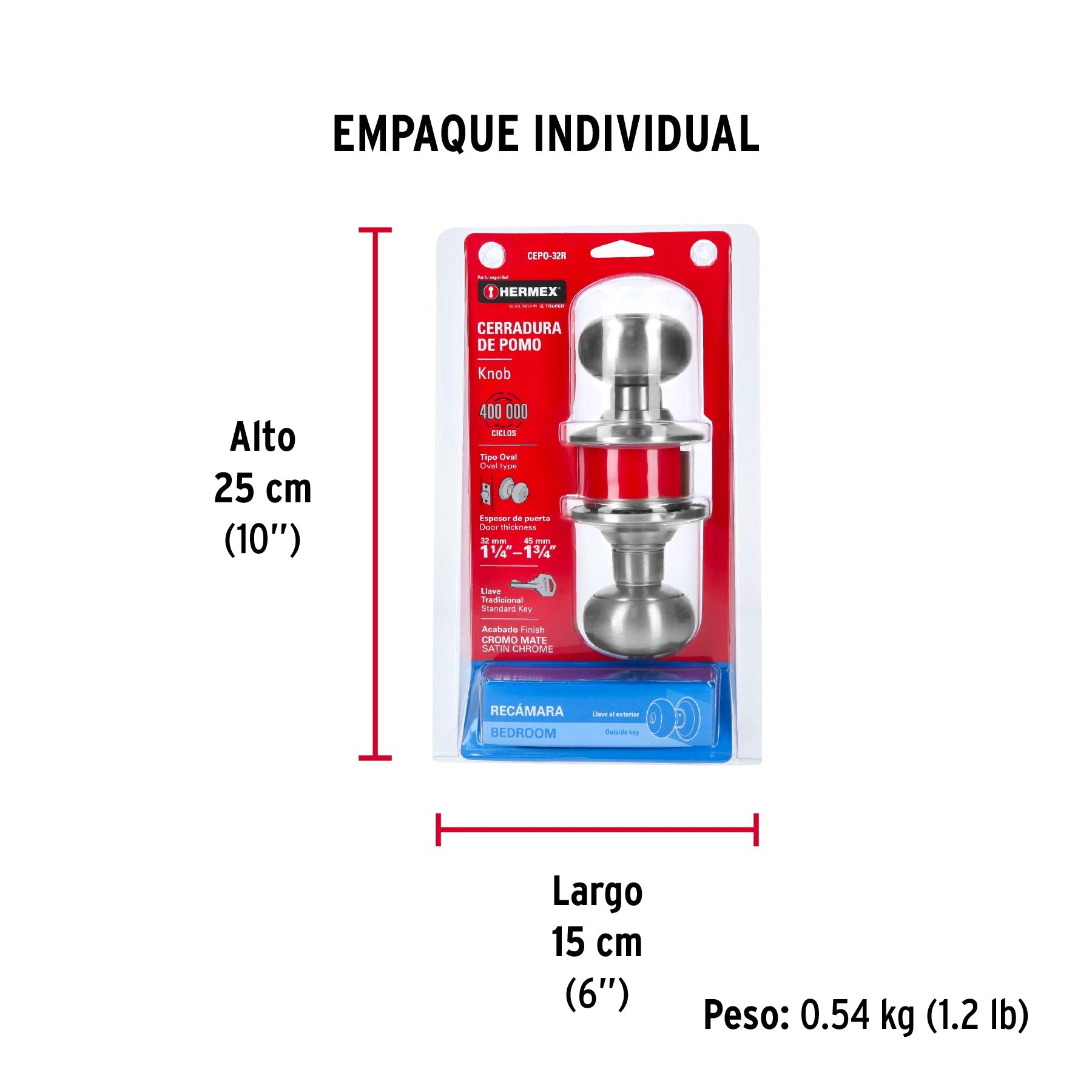 Cerradura tipo oval para recámara, cromo mate, HERMEX - Empaque