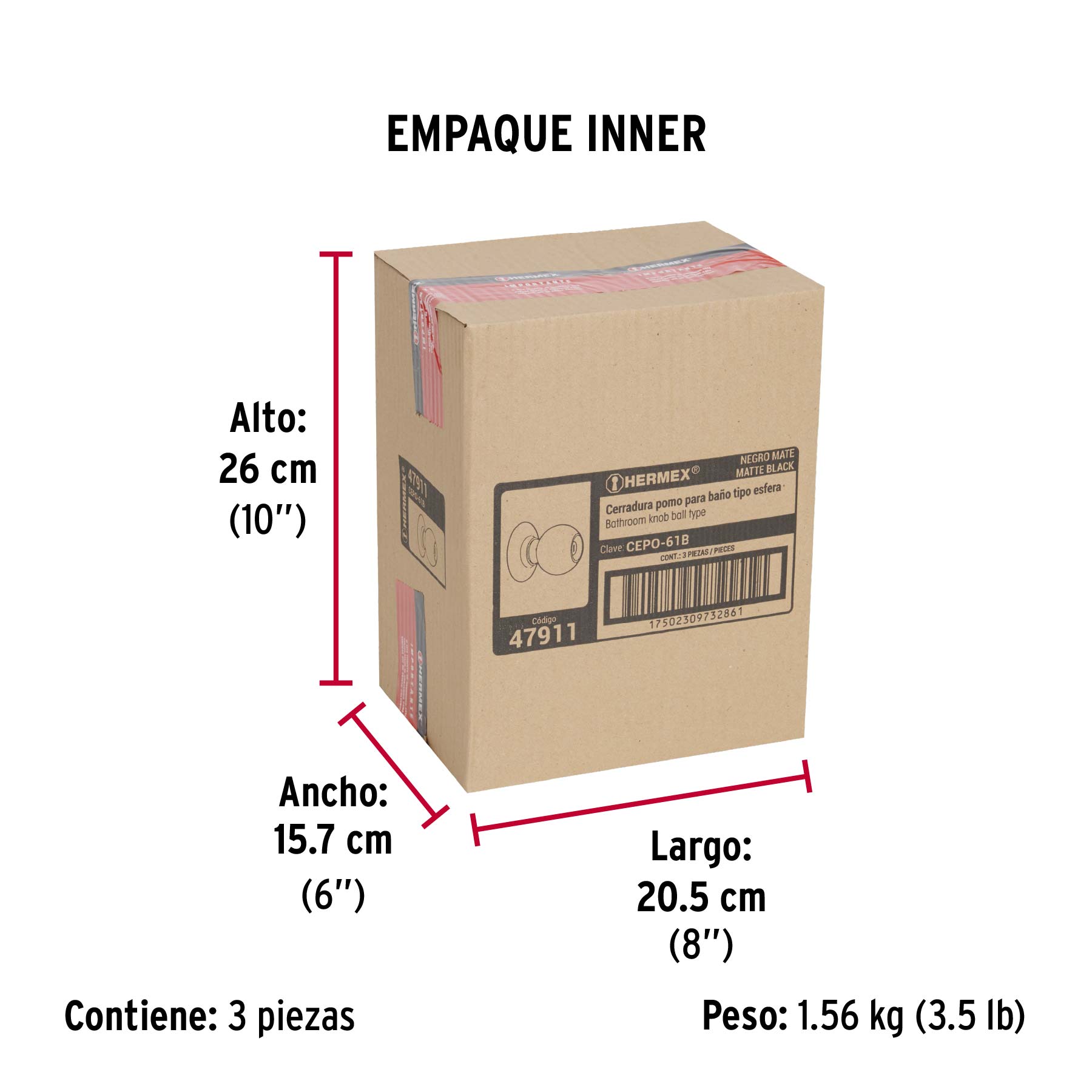 Cerradura pomo, negro, esfera, baño, HERMEX - Empaque