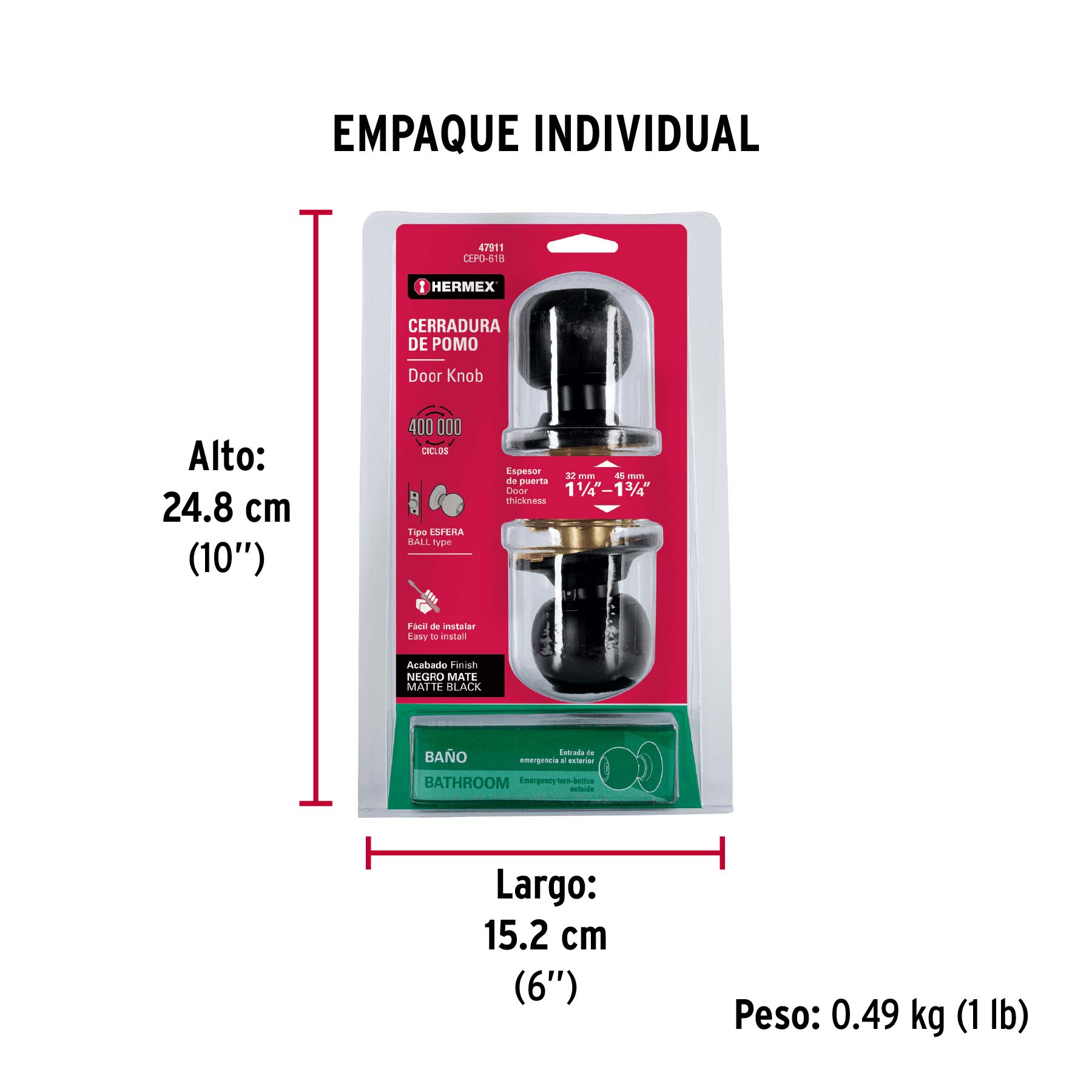 Cerradura pomo, negro, esfera, baño, HERMEX - Empaque