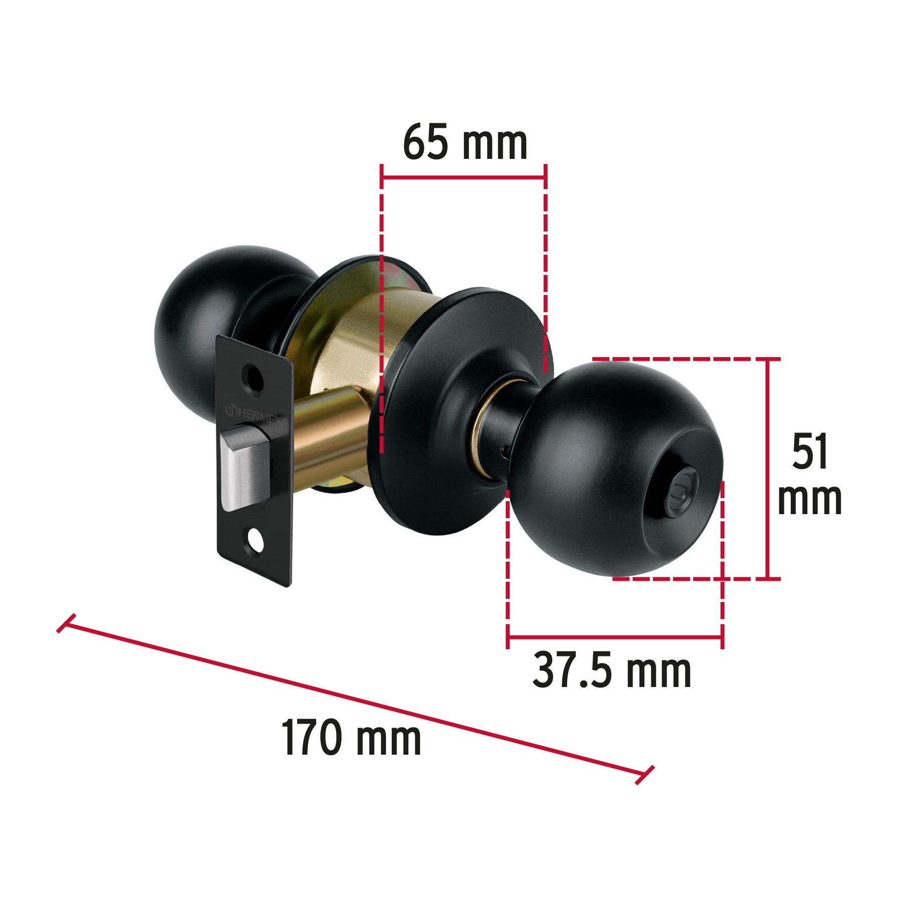 Cerradura pomo, negro, esfera, baño, HERMEX