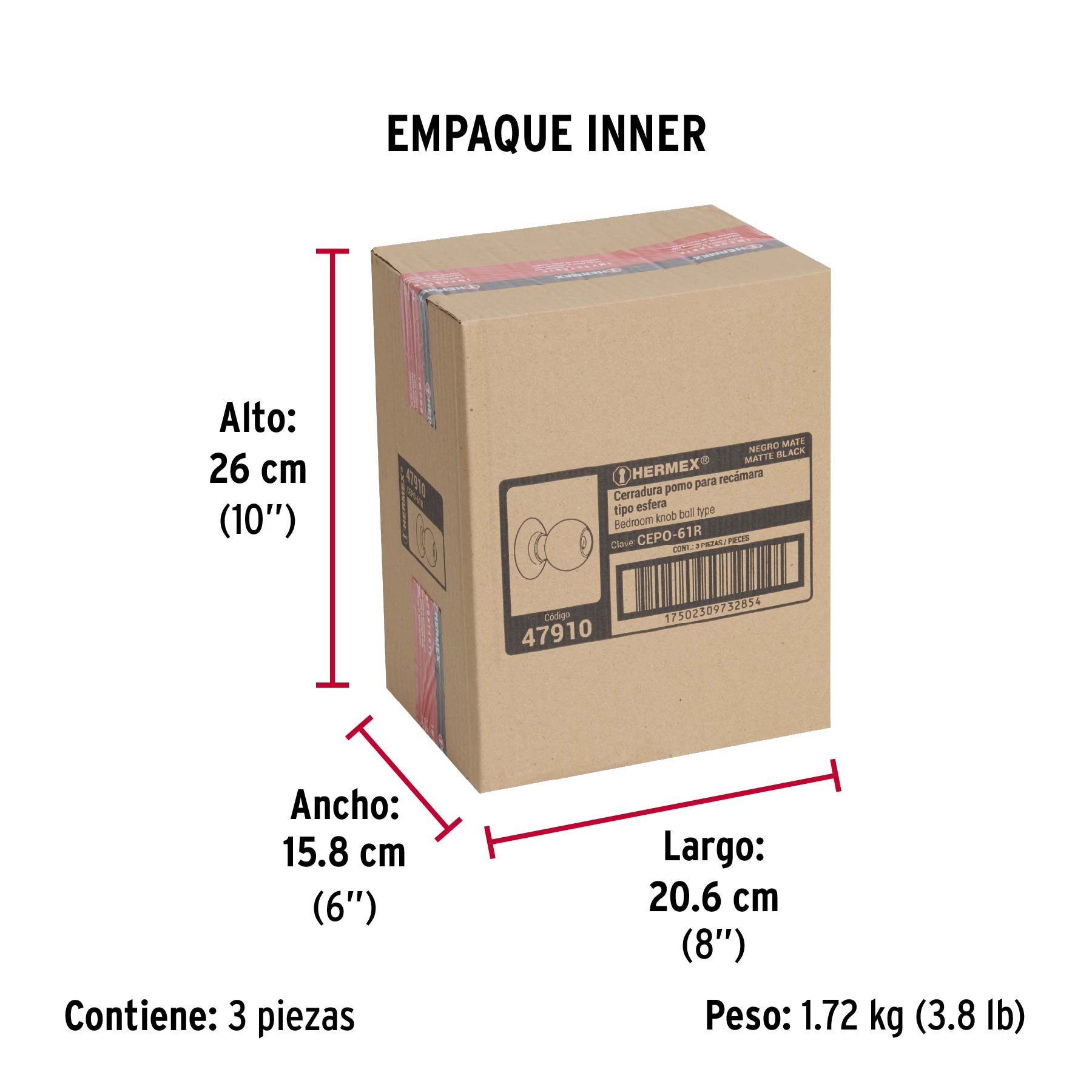 Cerradura pomo, negro, esfera, recámara, HERMEX - Empaque