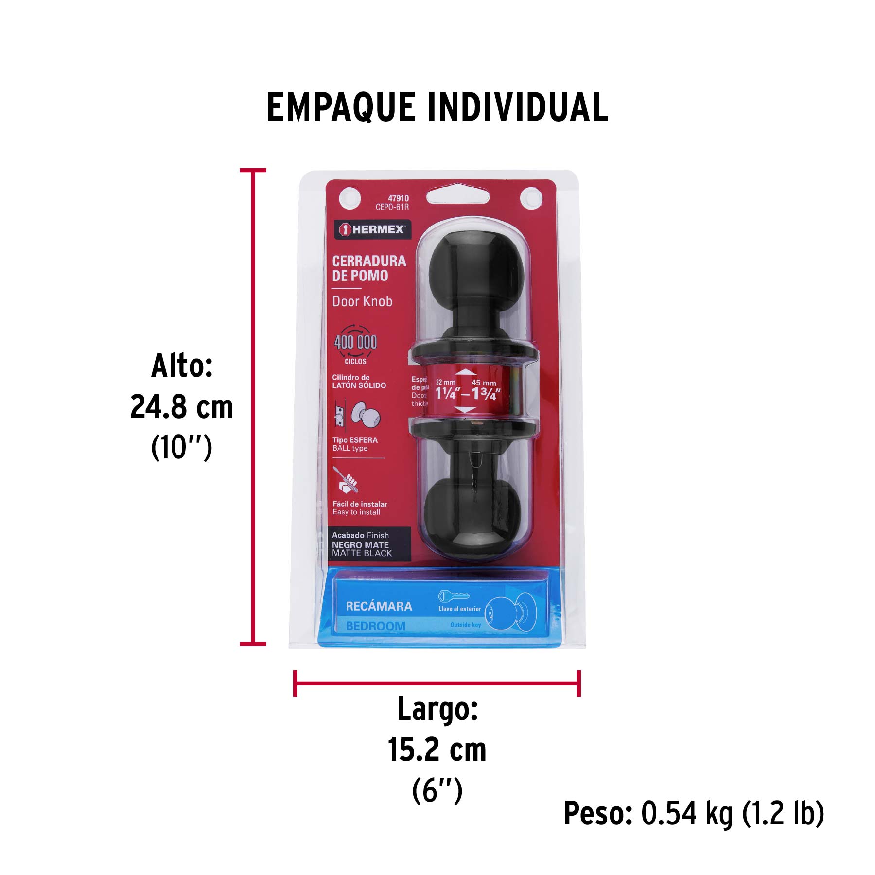 Cerradura pomo, negro, esfera, recámara, HERMEX - Empaque