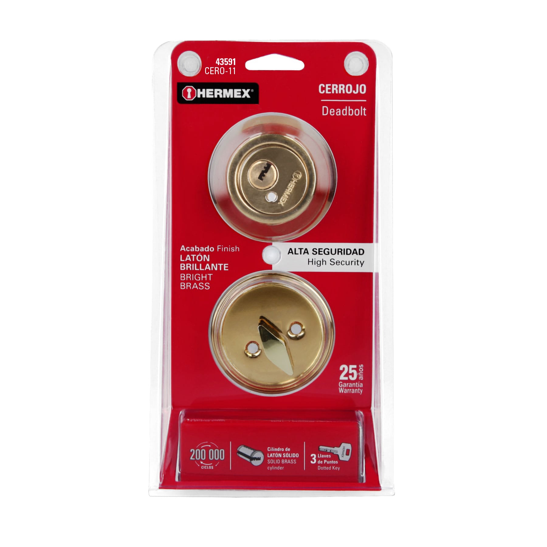 Cerrojo llave-mariposa latón brillante, llave puntos, HERMEX