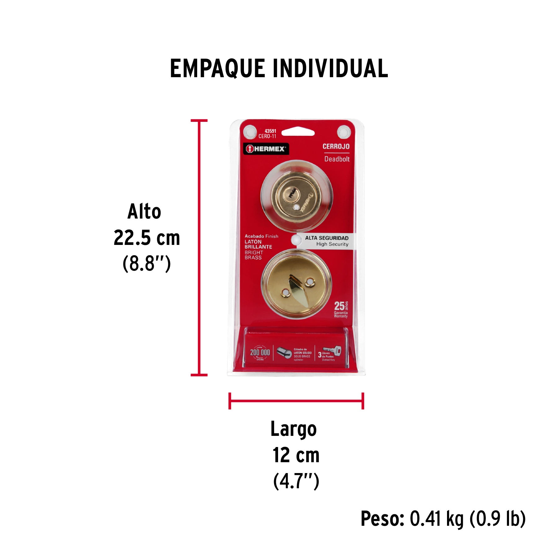 Cerrojo llave-mariposa latón brillante, llave puntos, HERMEX - Empaque