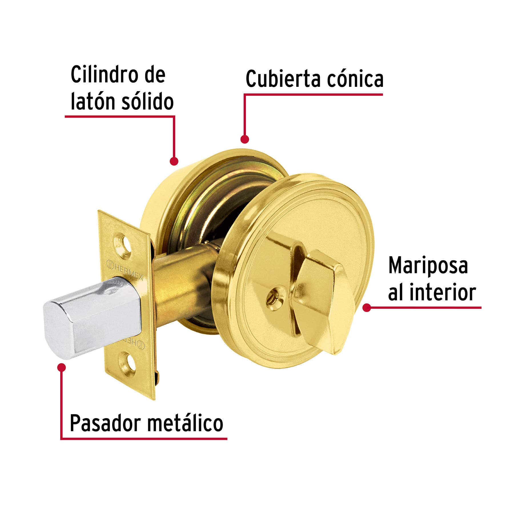 Cerrojo llave-mariposa latón brillante, llave puntos, HERMEX