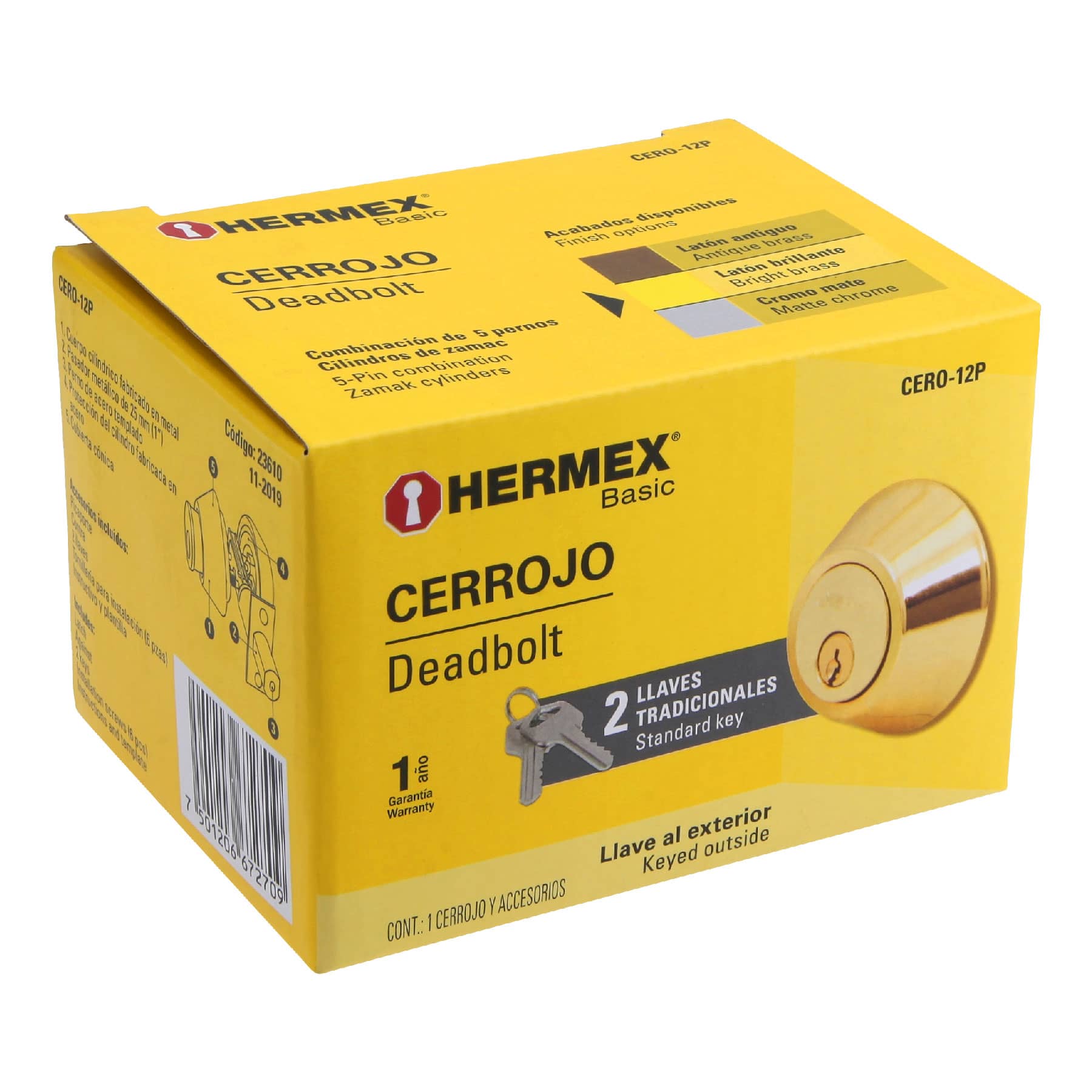 Cerrojo llave-llave latón brillante,llave tradicional HERMEX