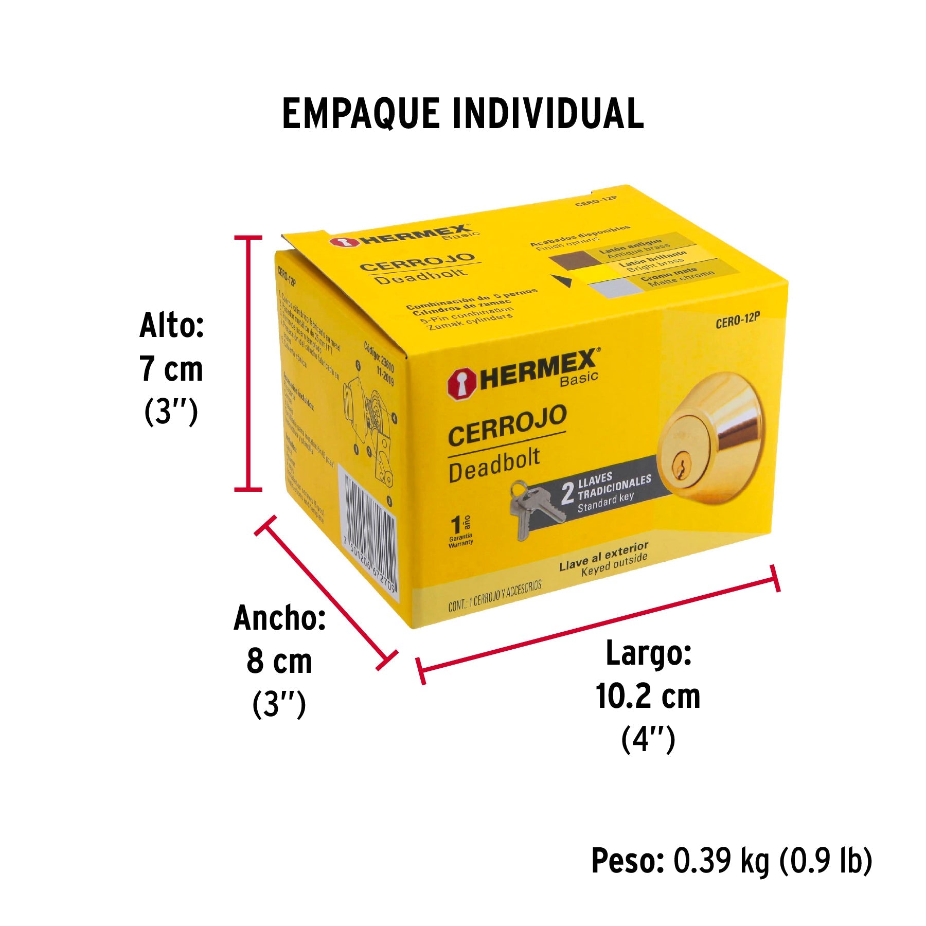 Cerrojo llave-llave latón brillante,llave tradicional HERMEX - Empaque