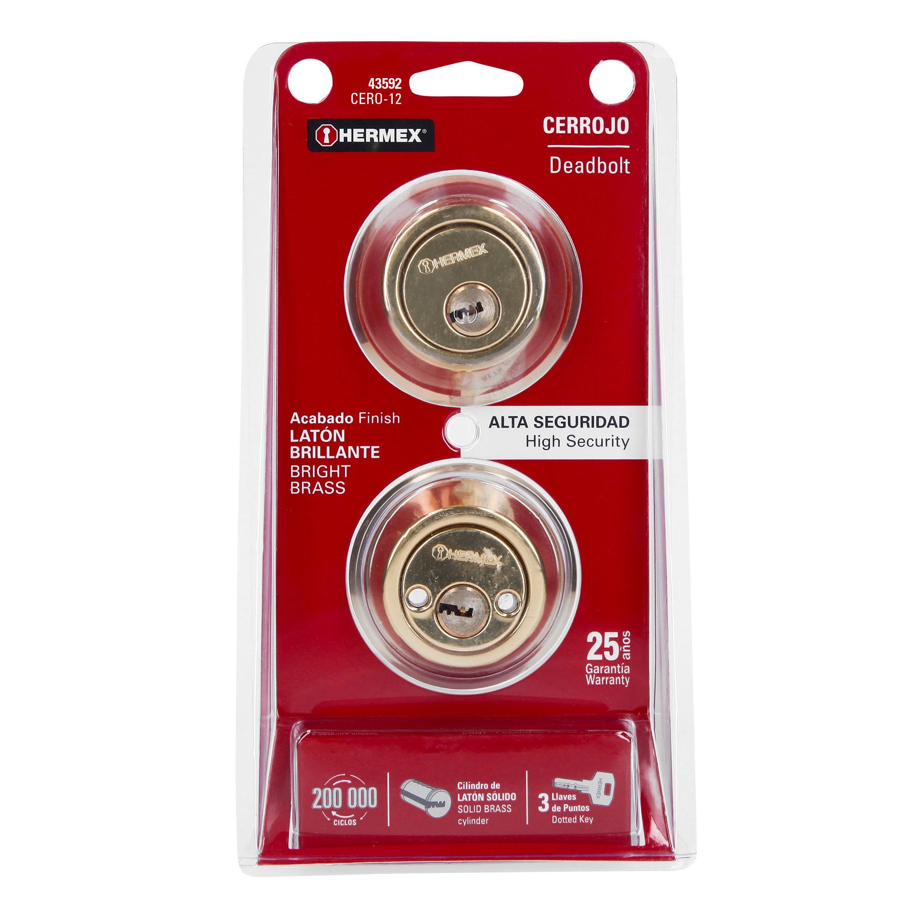 Cerrojo llave-llave latón brillante, llave puntos, HERMEX