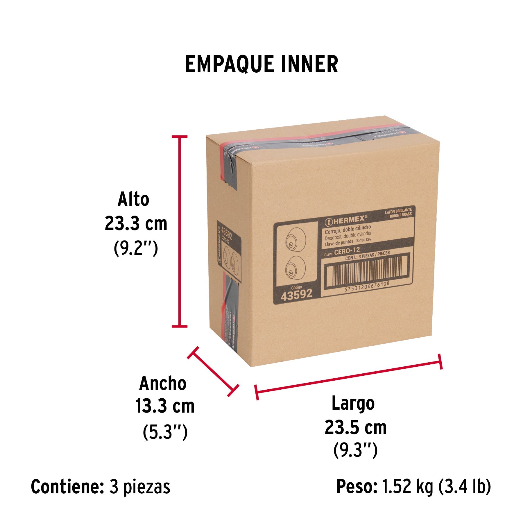Cerrojo llave-llave latón brillante, llave puntos, HERMEX - Empaque