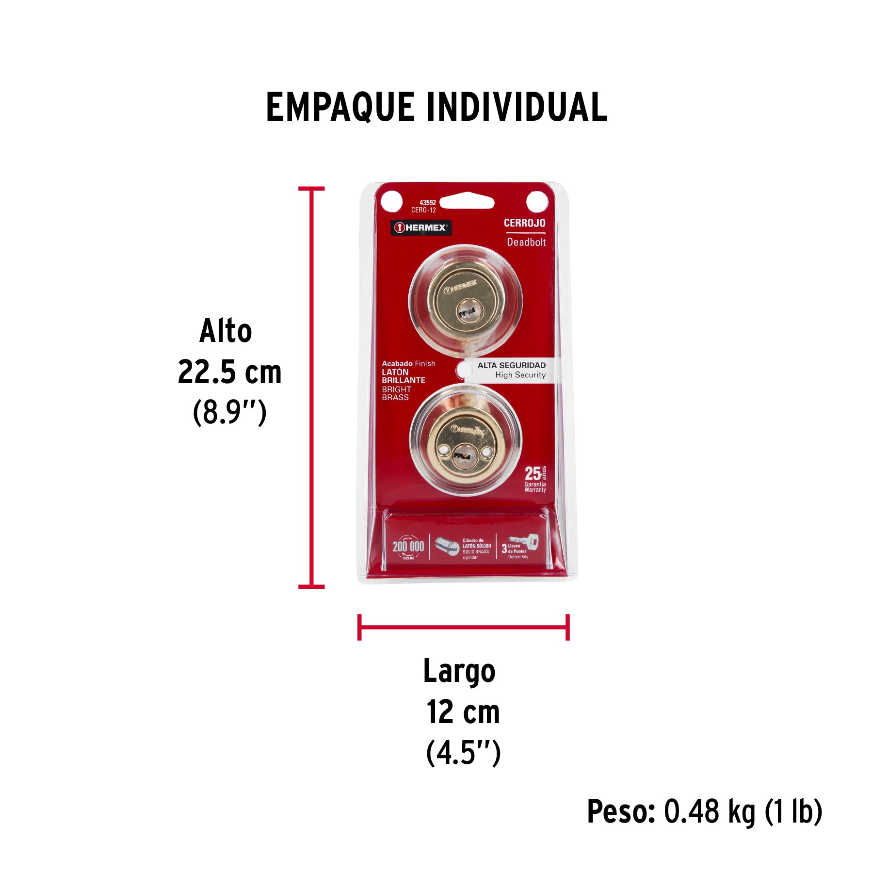 Cerrojo llave-llave latón brillante, llave puntos, HERMEX - Empaque