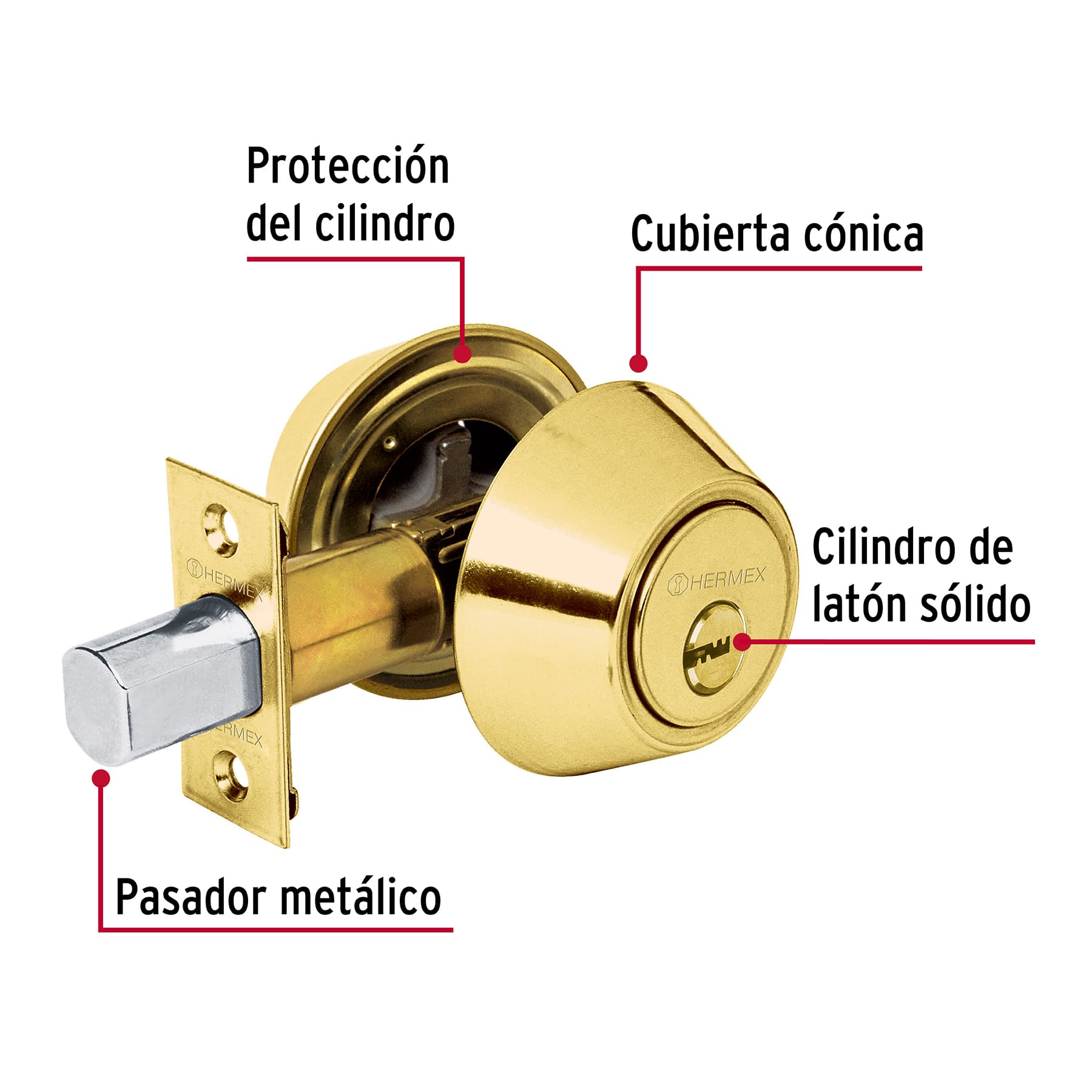 Cerrojo llave-llave latón brillante, llave puntos, HERMEX