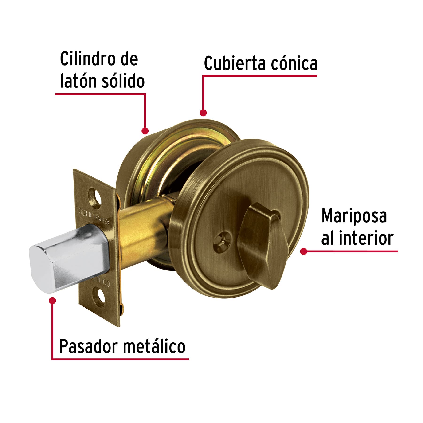 Cerrojo llave-mariposa latón antiguo, llave puntos, HERMEX