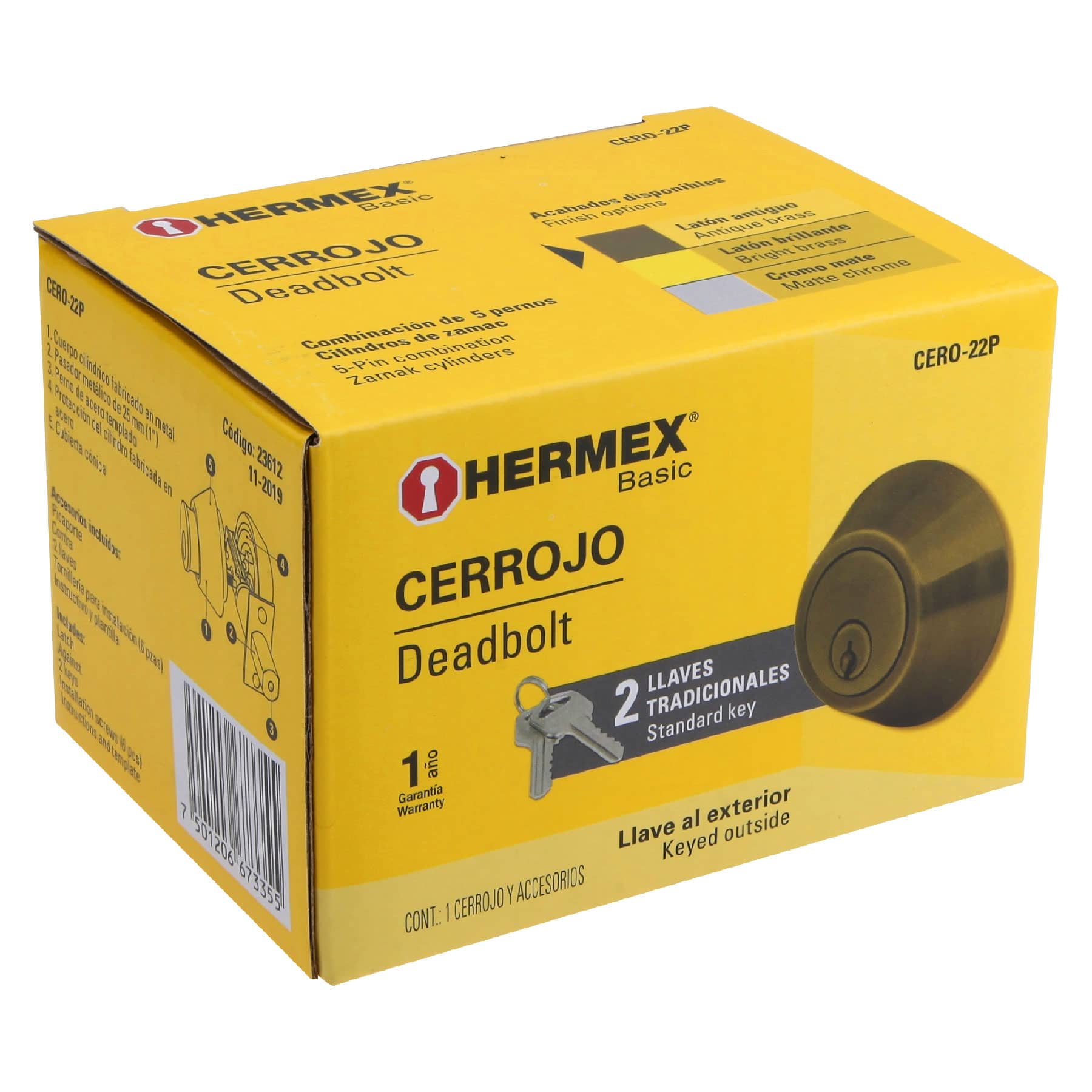 Cerrojo llave-llave latón antiguo, llave tradicional, HERMEX