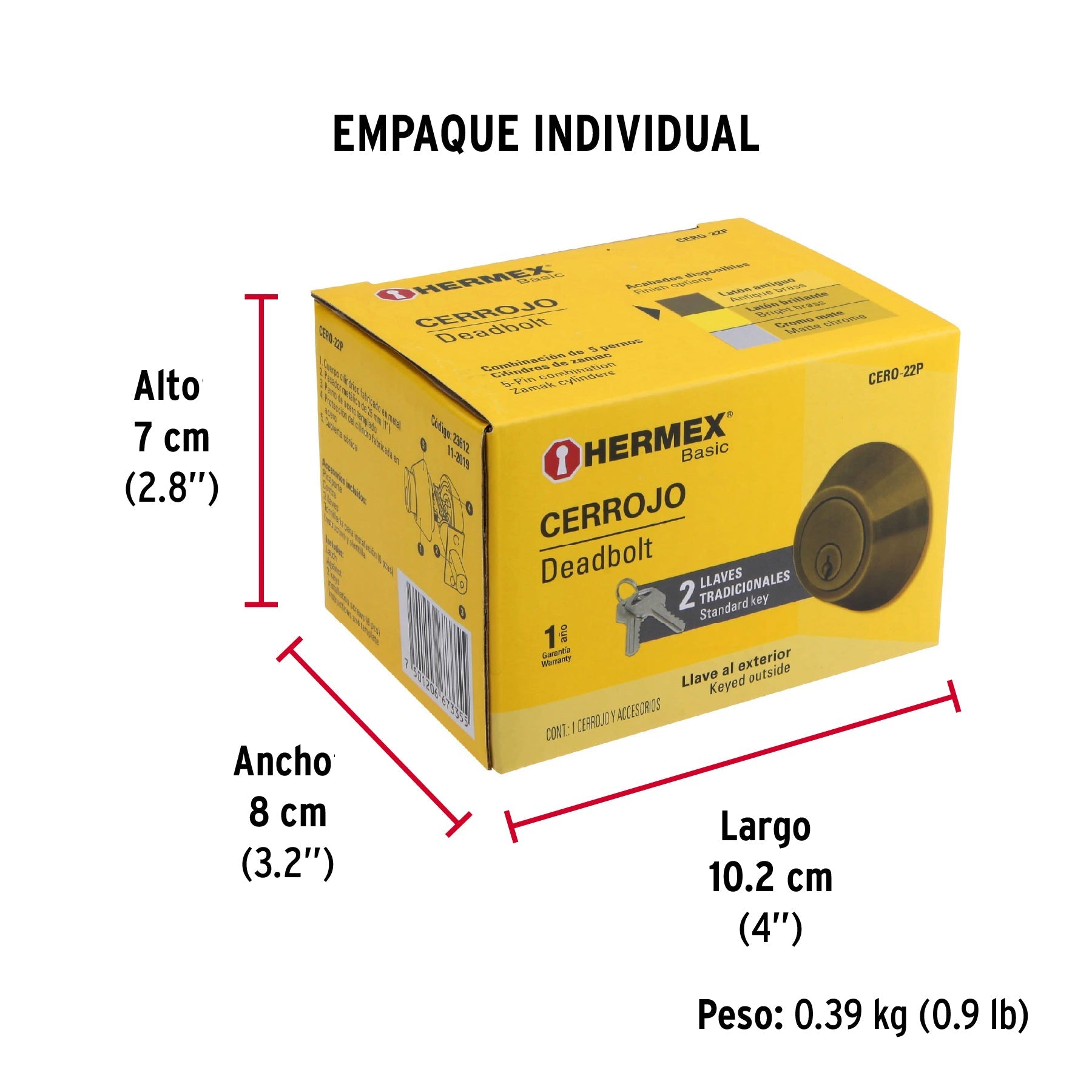 Cerrojo llave-llave latón antiguo, llave tradicional, HERMEX - Empaque